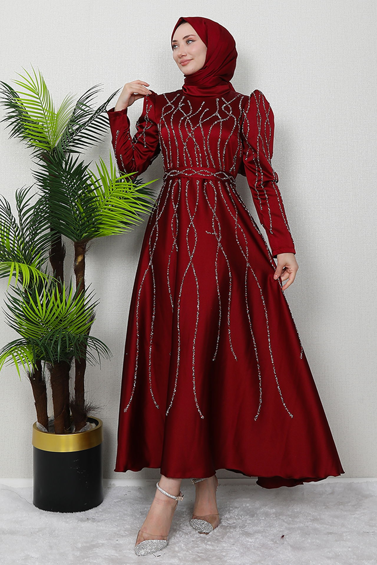 Şeyma Saten Abiye Bordo 