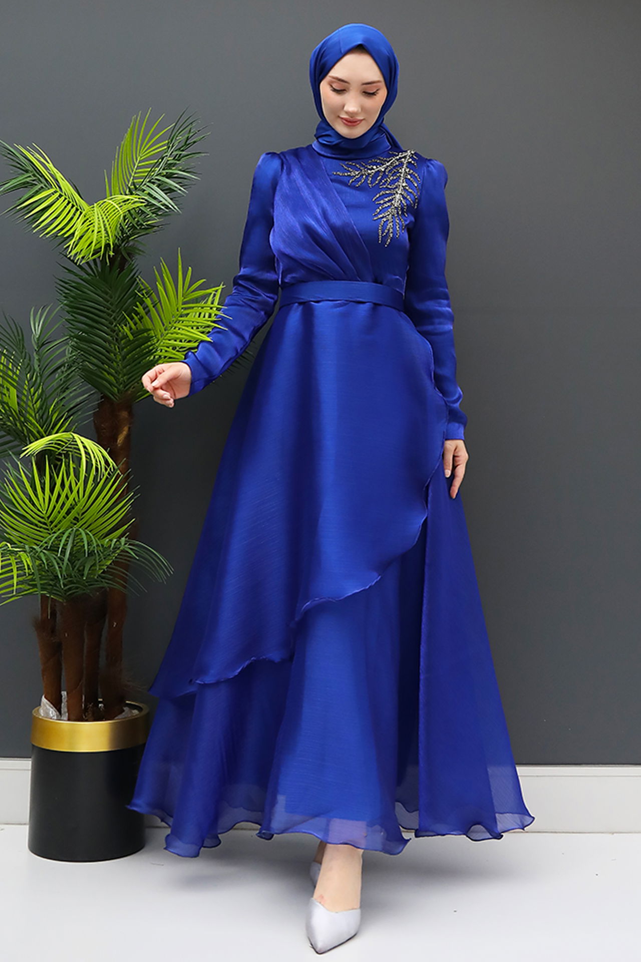 Taşlı Organze Abiye Gece Mavi - 2