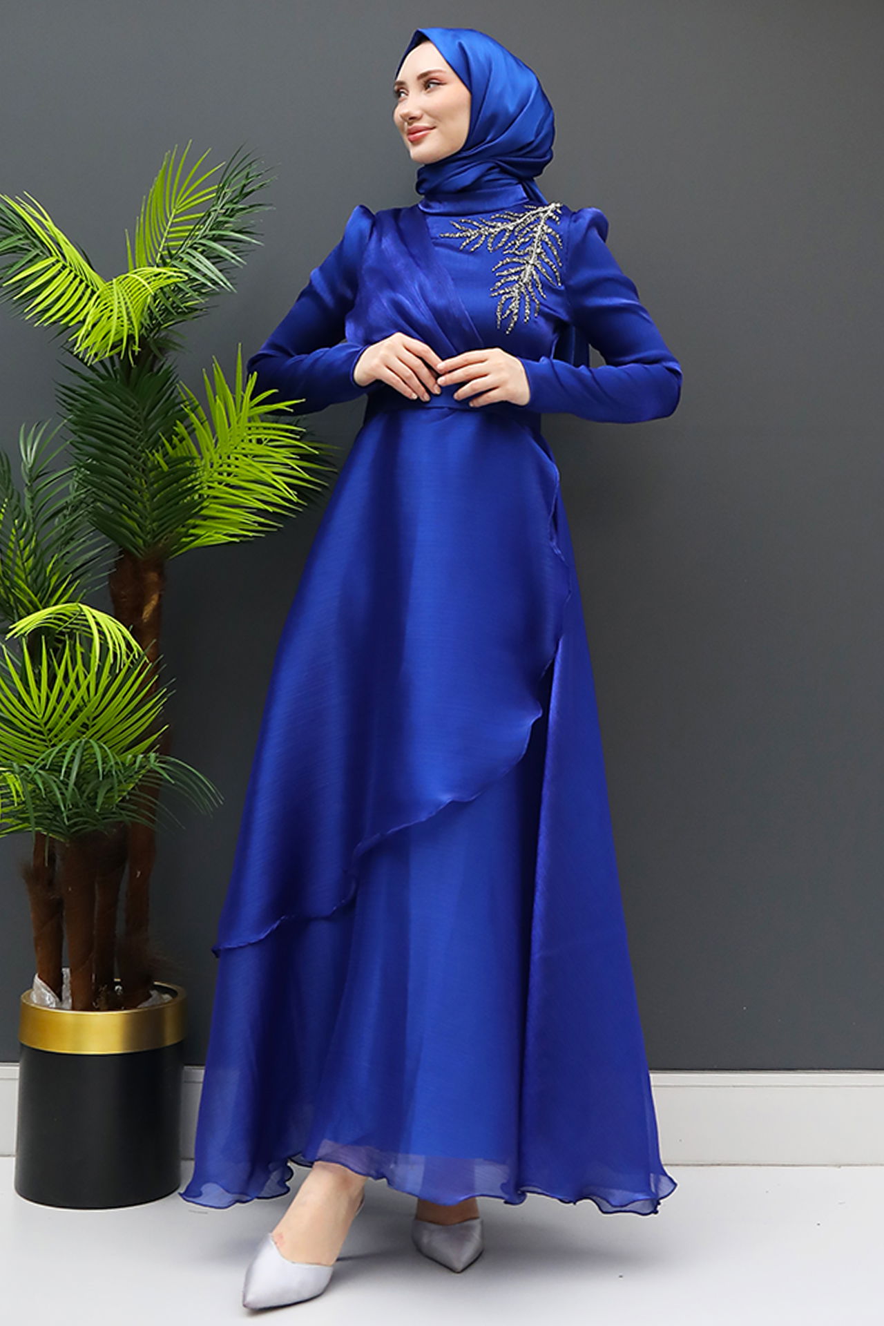 Taşlı Organze Abiye Gece Mavi - 3