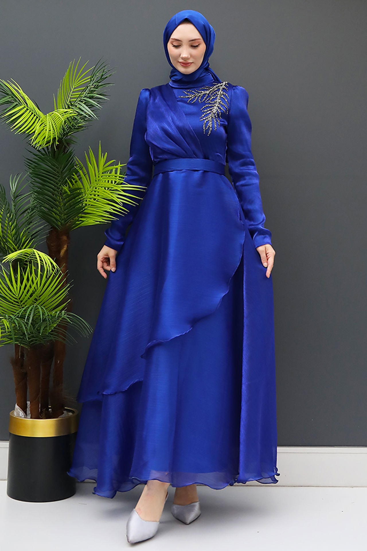 Taşlı Organze Abiye Gece Mavi - 4