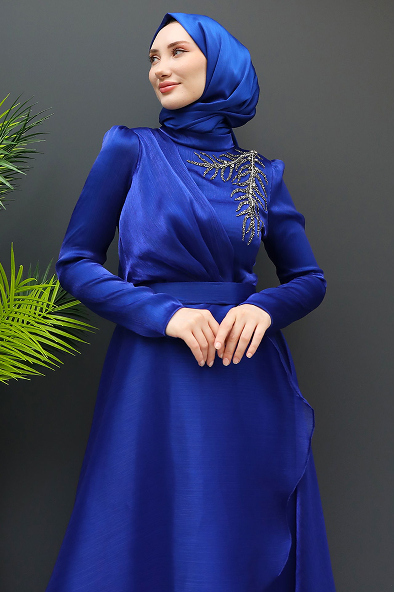 Taşlı Organze Abiye Gece Mavi - 5