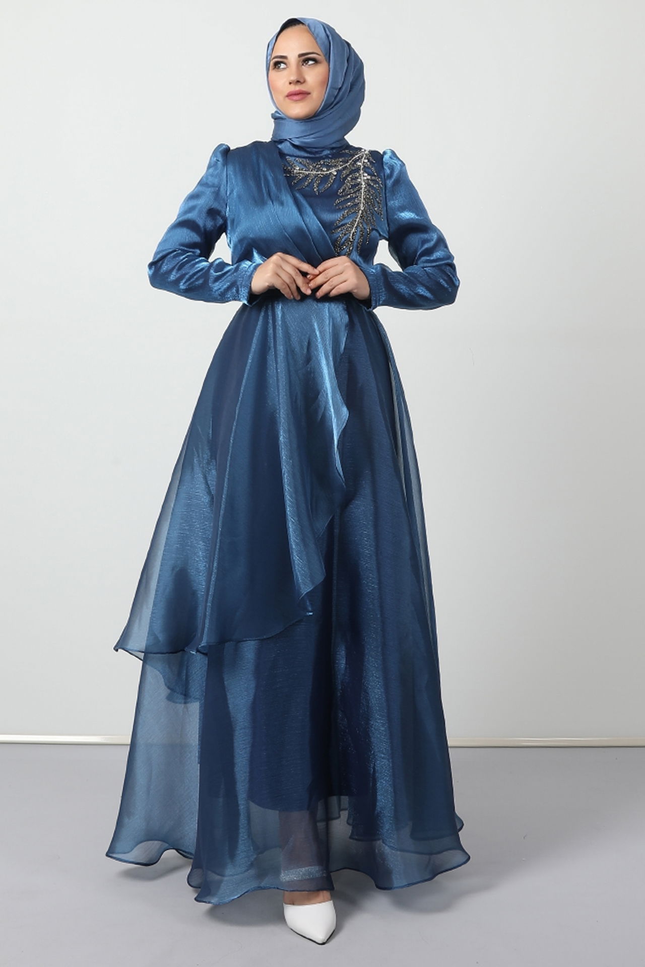 Taşlı Organze Abiye Koyu Mavi 