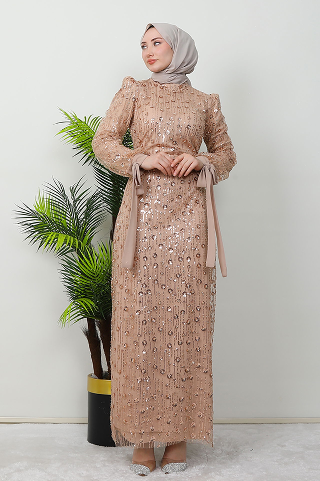 Çiçek Desen Tül Abiye Gold - 2