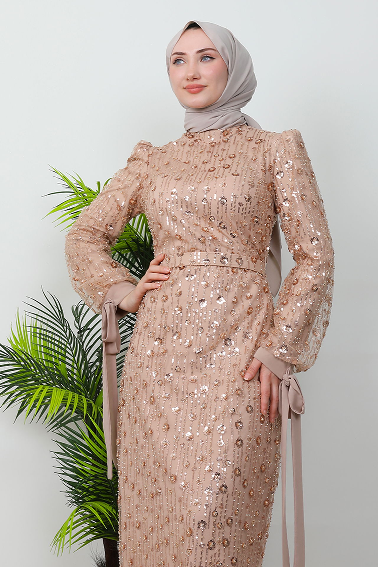 Çiçek Desen Tül Abiye Gold - 5