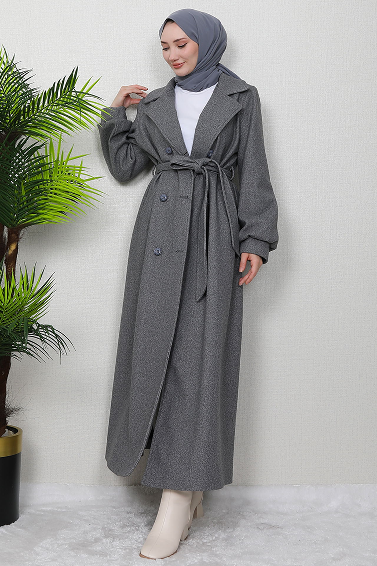Uzun 6 Düğmeli Kaban Koyu Gri - 4
