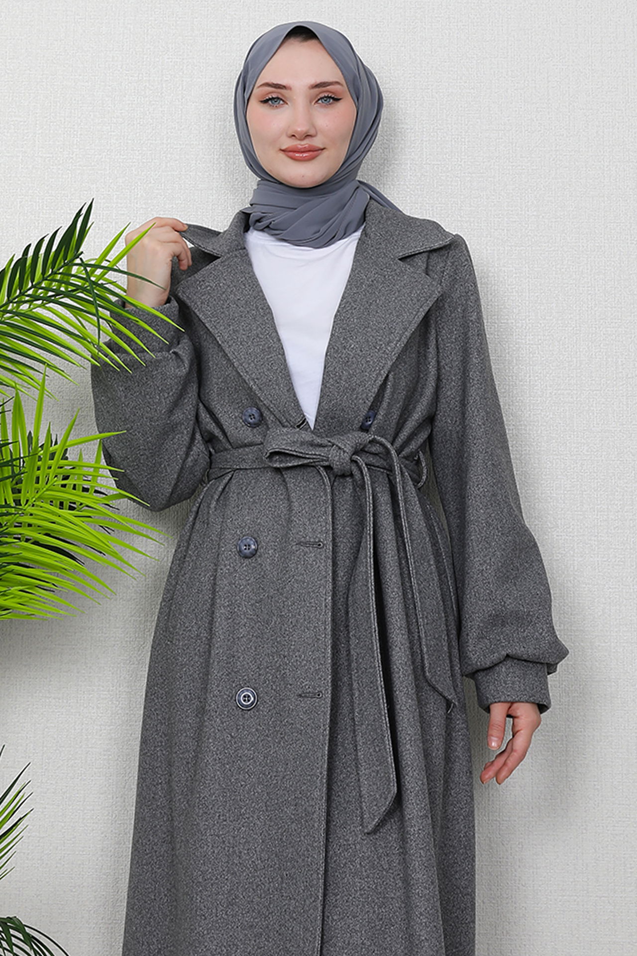 Uzun 6 Düğmeli Kaban Koyu Gri - 5