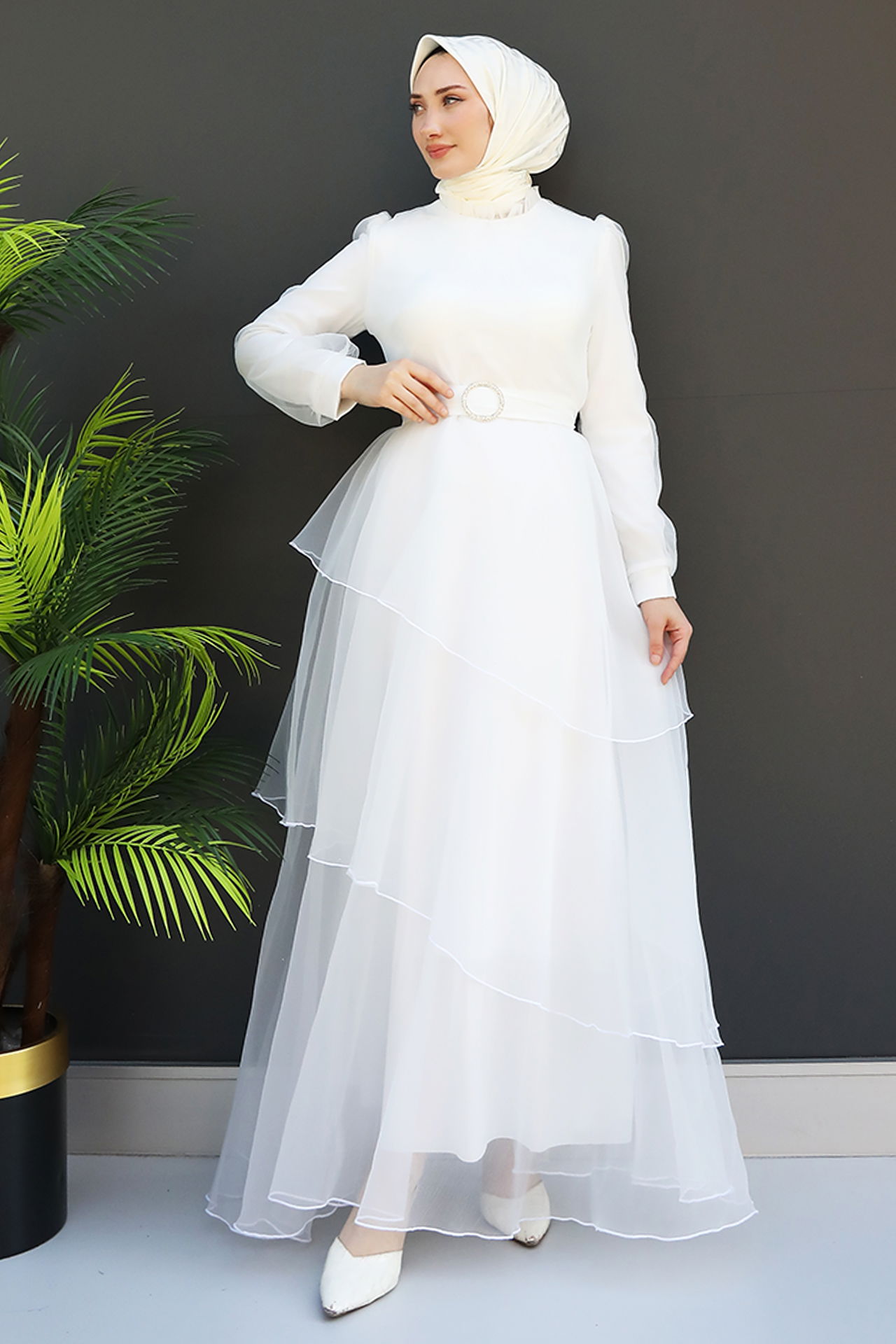 Hüma Tesettür Abiye Beyaz 