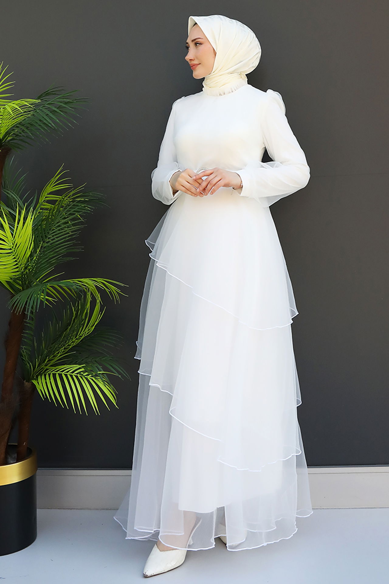 Hüma Tesettür Abiye Beyaz - 3