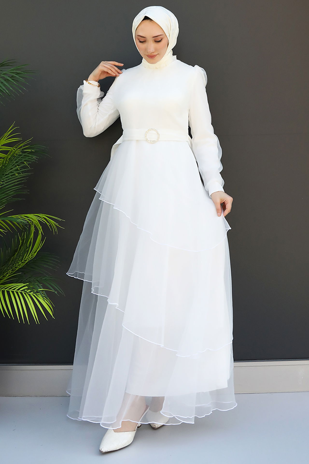 Hüma Tesettür Abiye Beyaz - 4