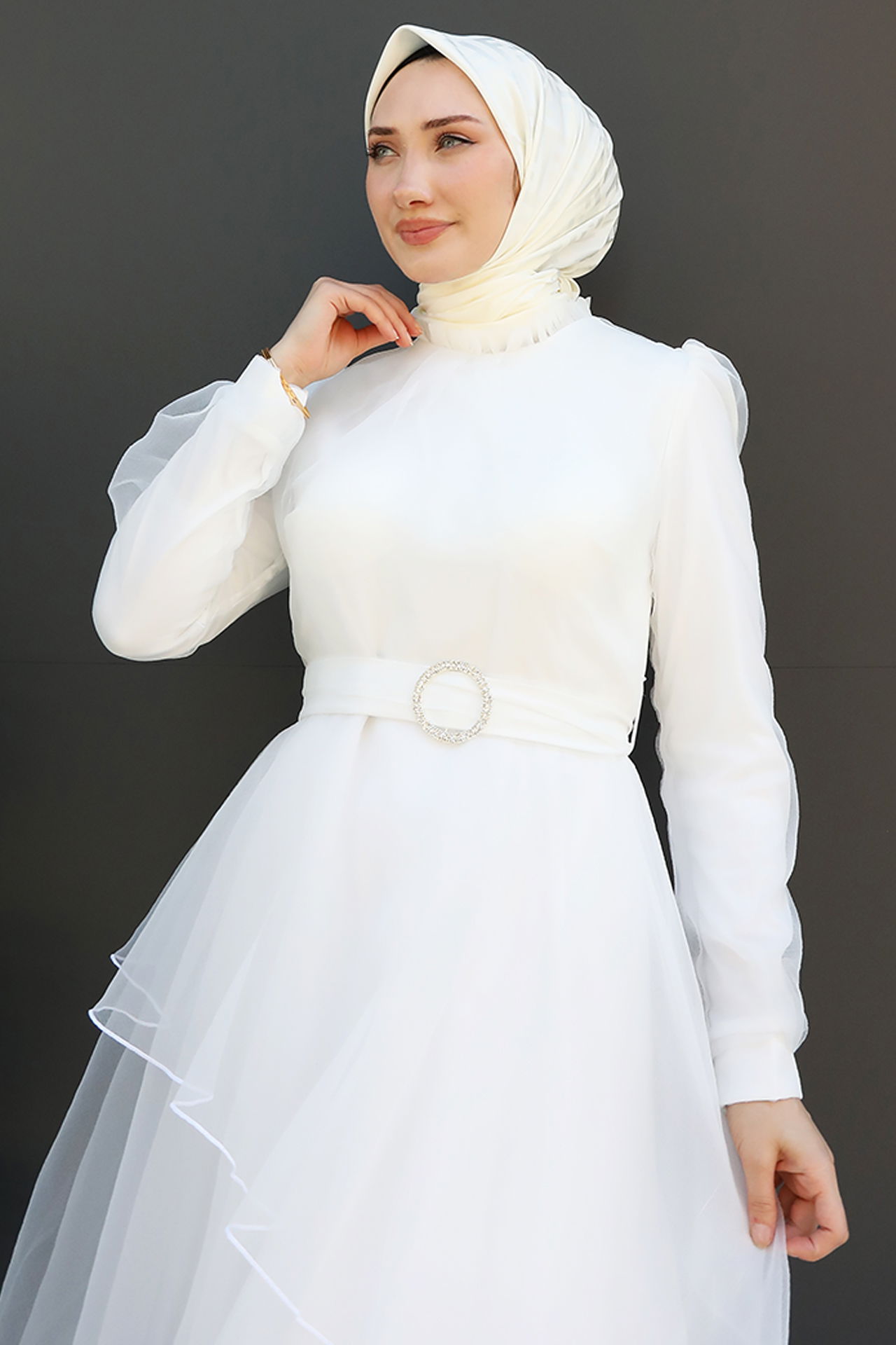 Hüma Tesettür Abiye Beyaz - 5