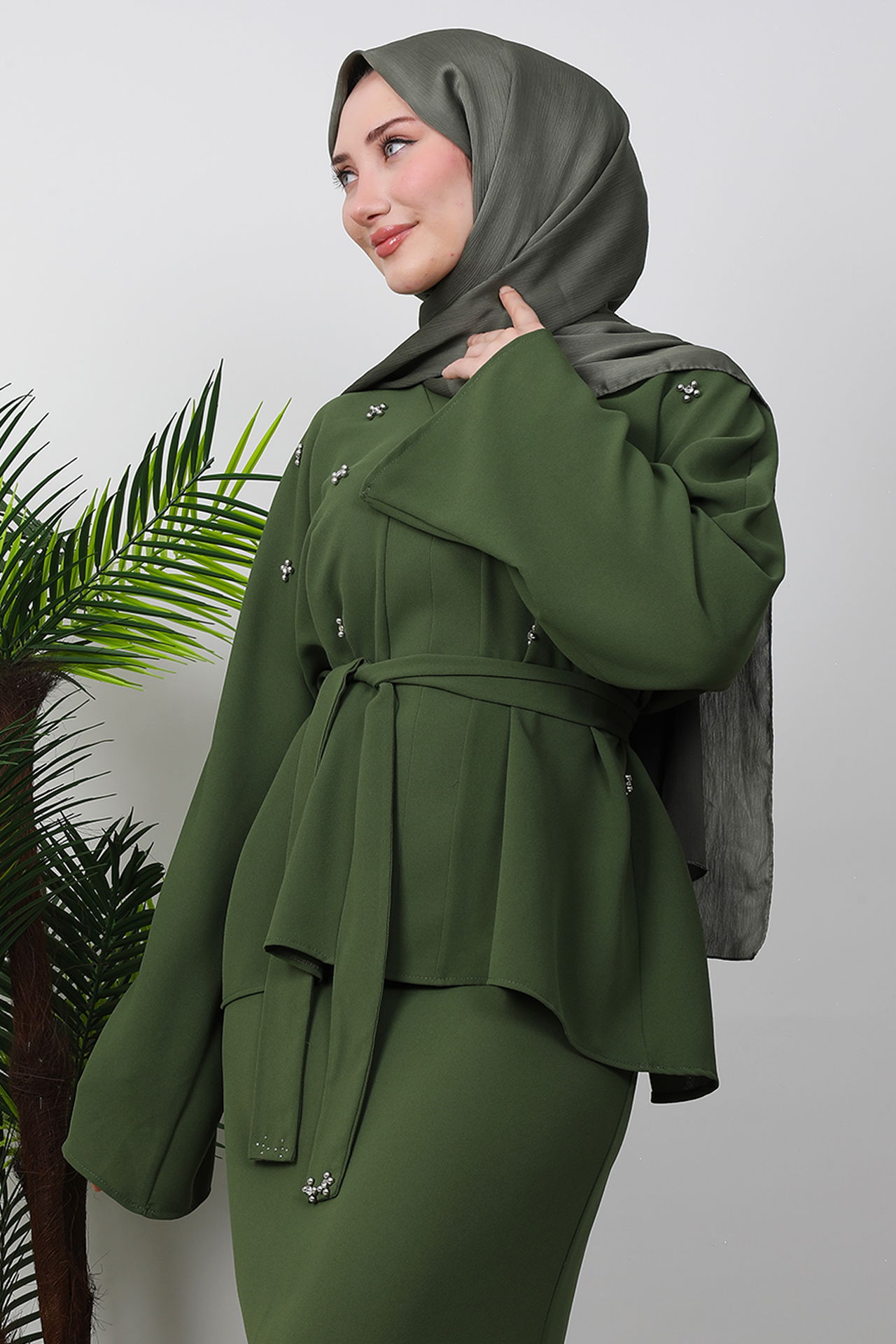 Taşlı Etekli İkili Takım Haki - 5