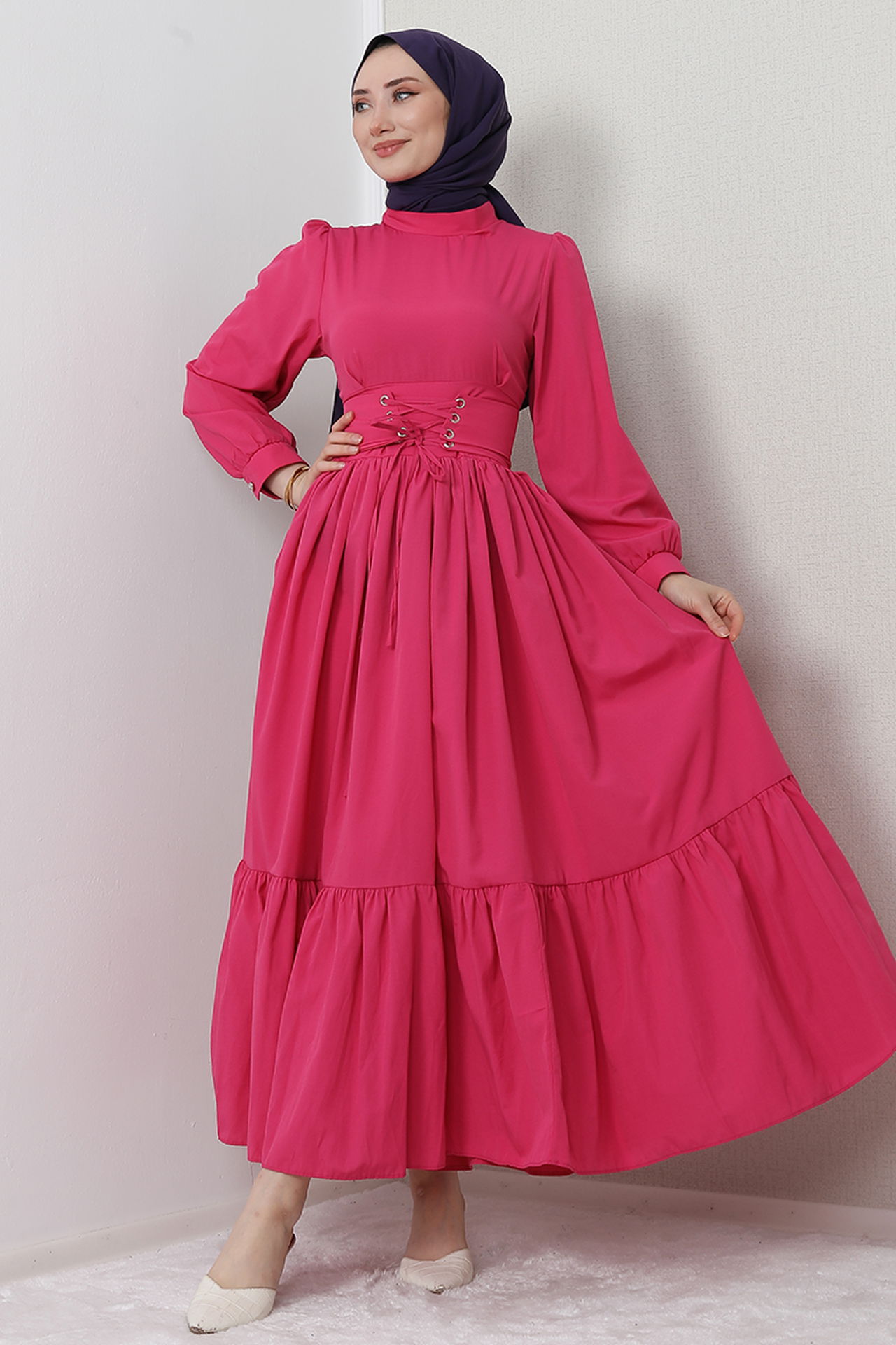 Bel Detay Tesettür Elbise Koyu Pembe 