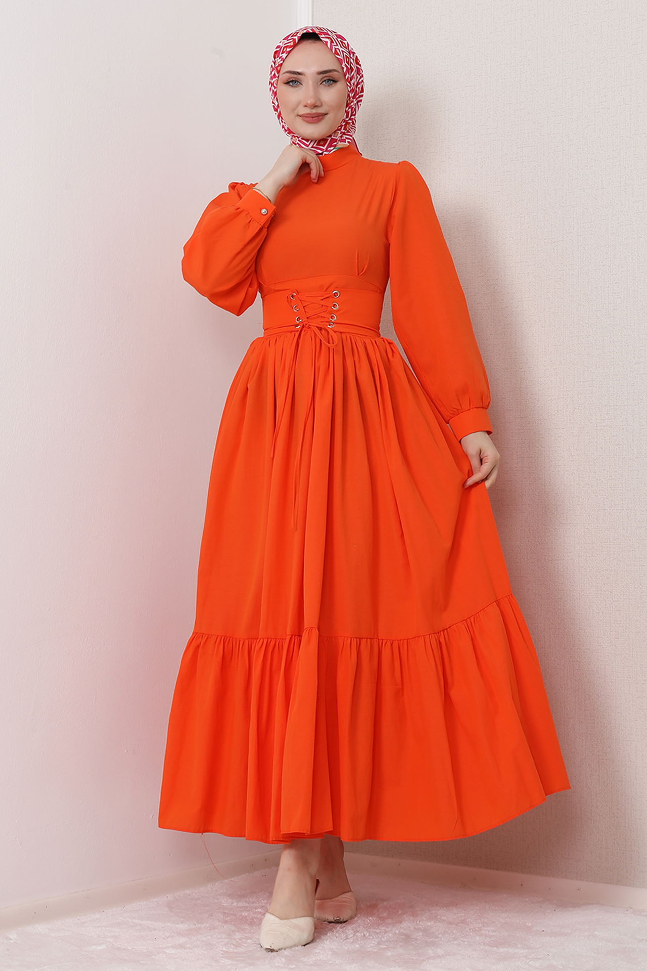 Bel Detay Tesettür Elbise Turuncu - 3