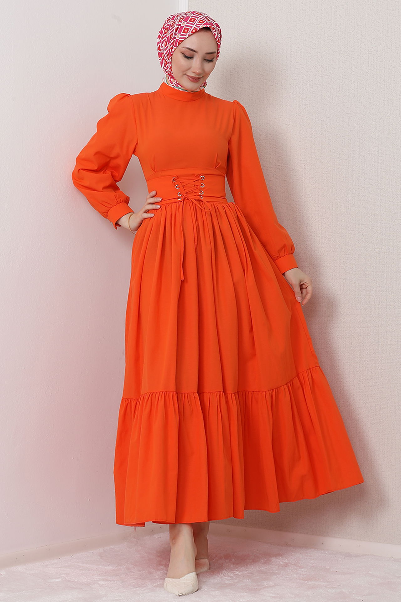 Bel Detay Tesettür Elbise Turuncu - 4