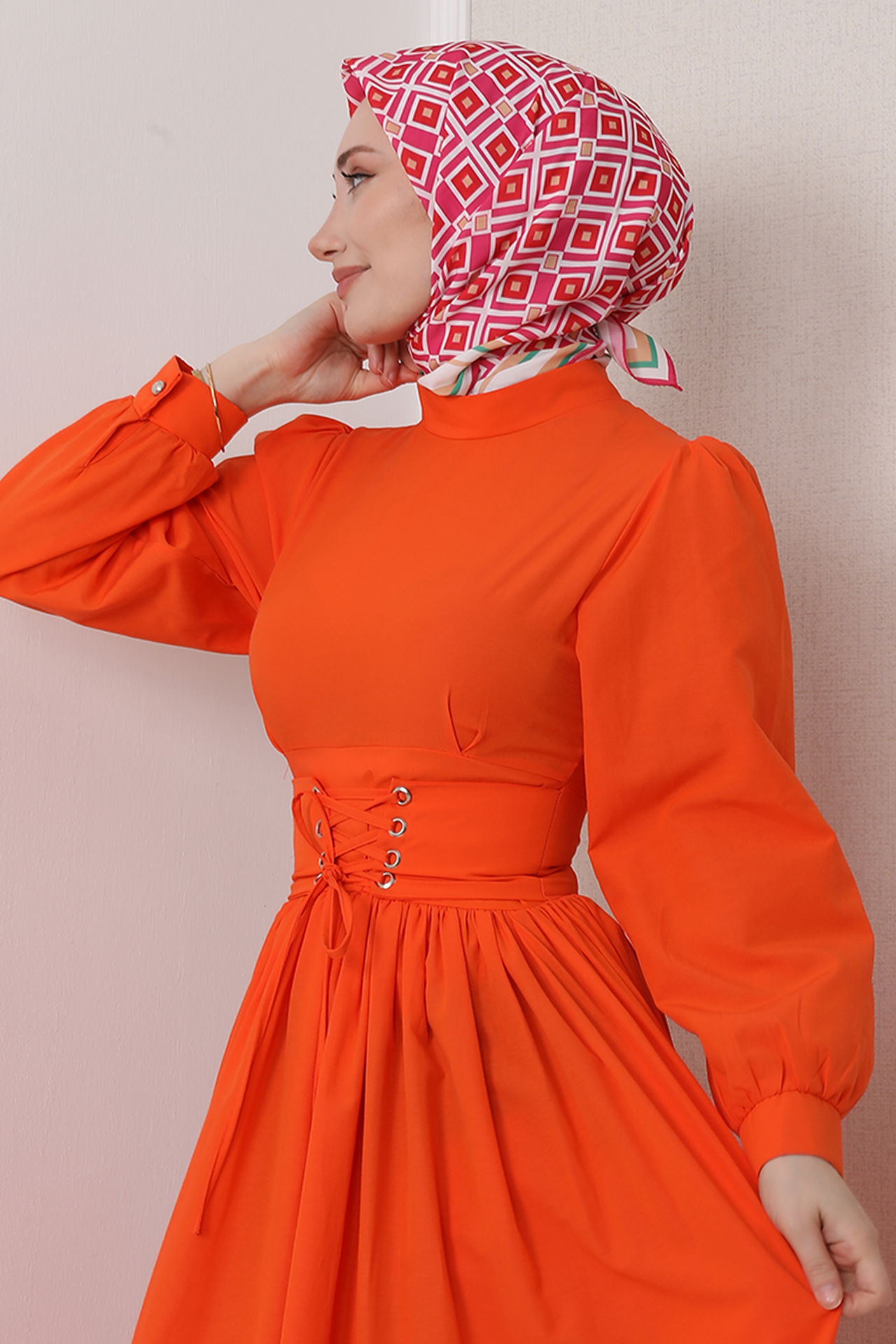 Bel Detay Tesettür Elbise Turuncu - 5