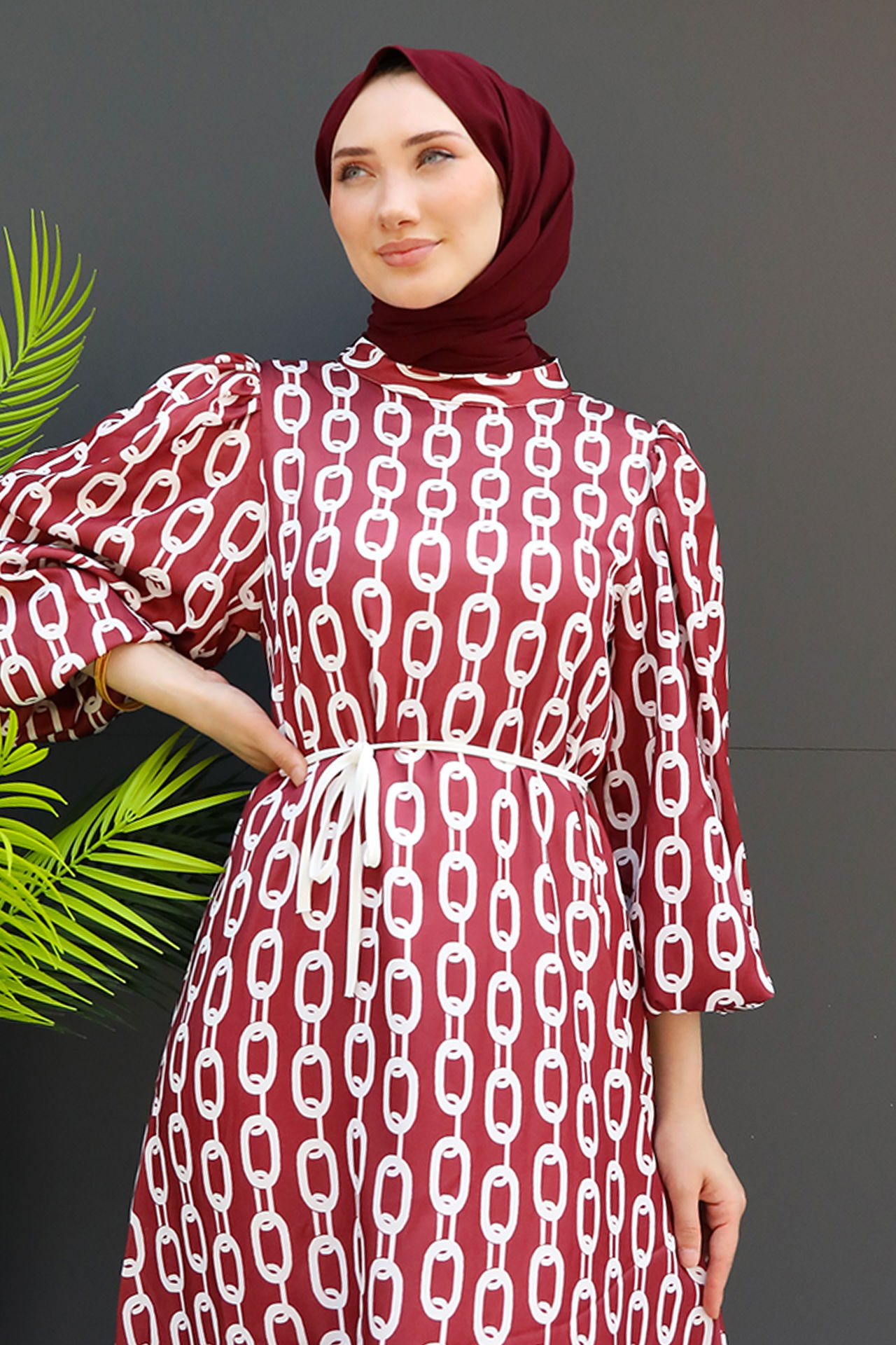 Zincir Model Elbise Bordo - 5