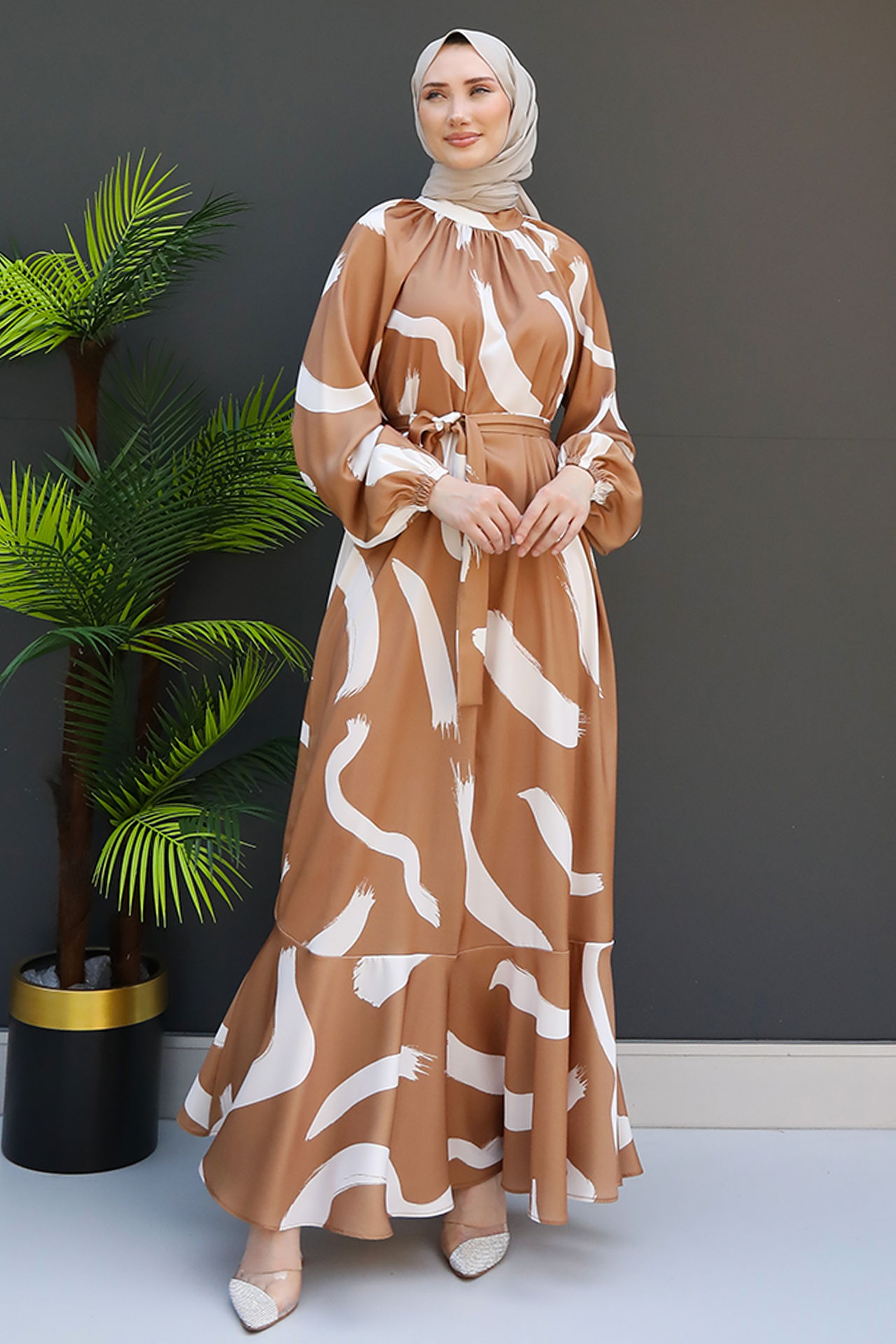 Fırça Desen Elbise Açık Kahve - 3