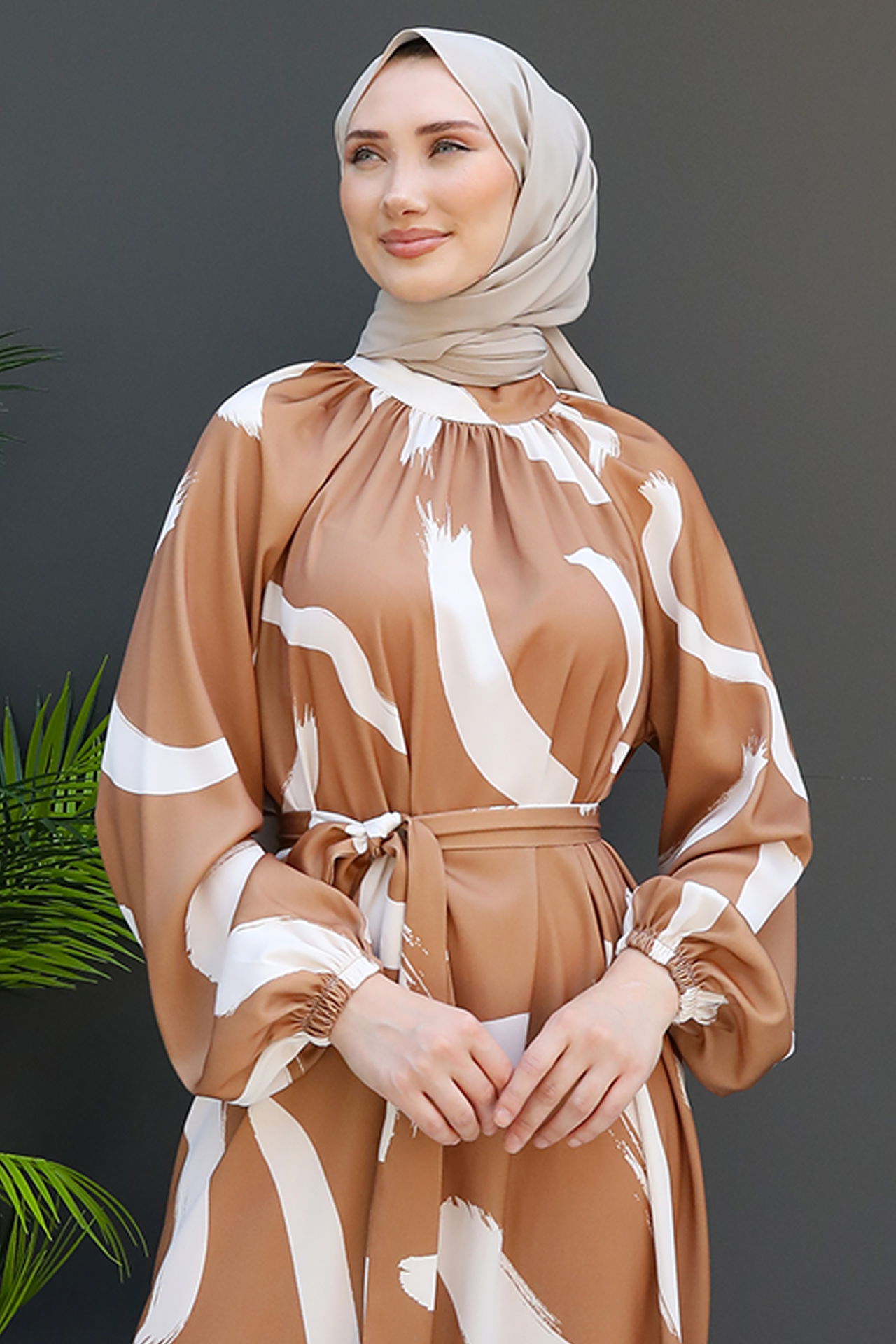 Fırça Desen Elbise Açık Kahve - 5