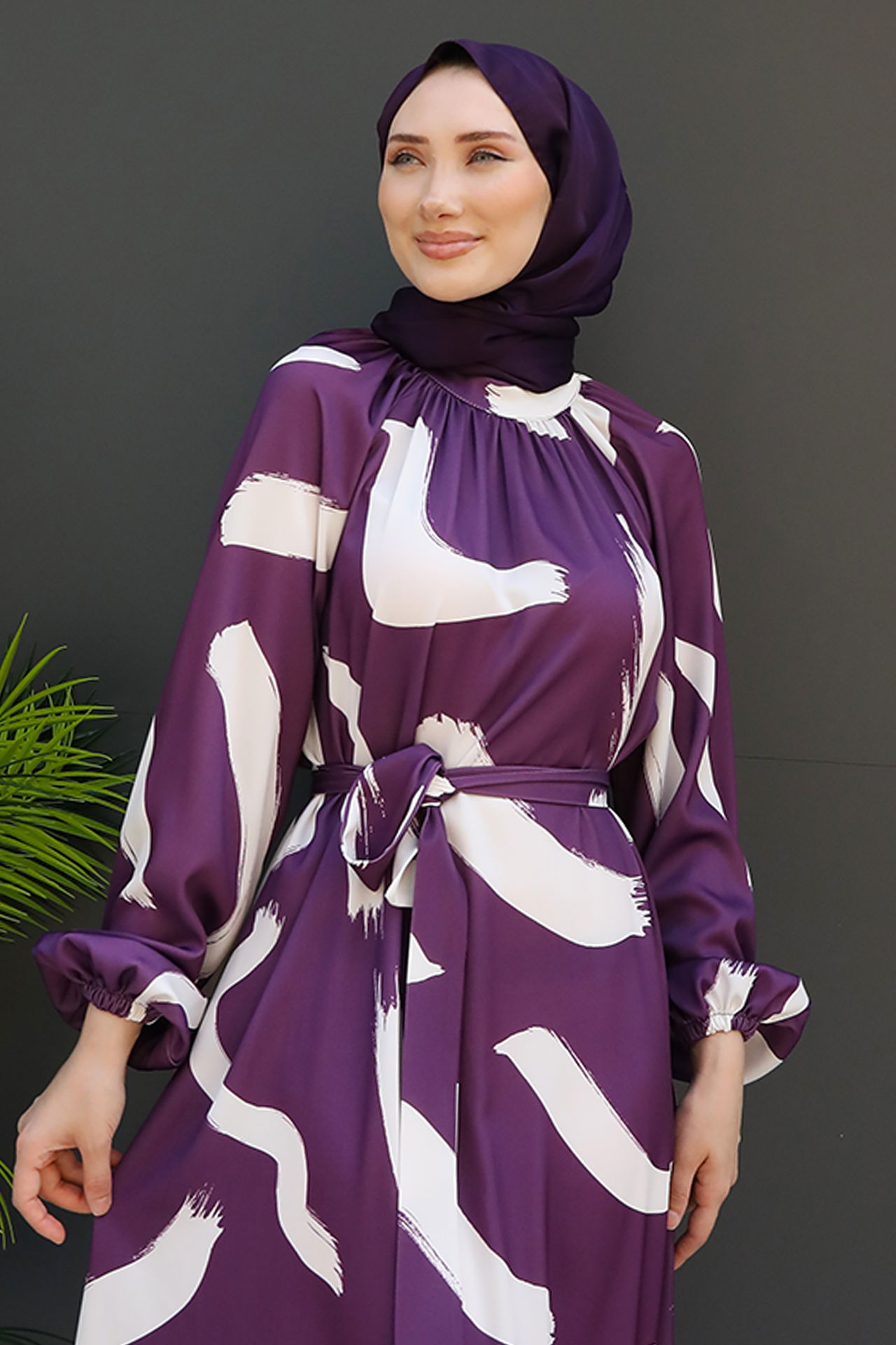 Fırça Desen Elbise Koyu Lila - 5