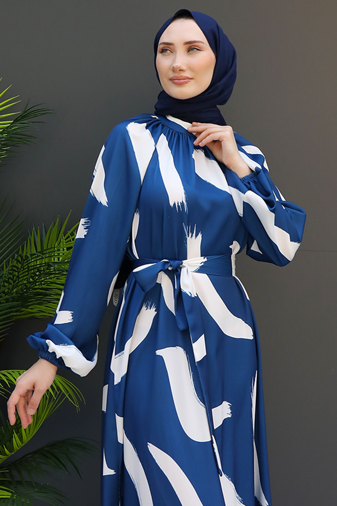 Fırça Desen Elbise Koyu Mavi - 5