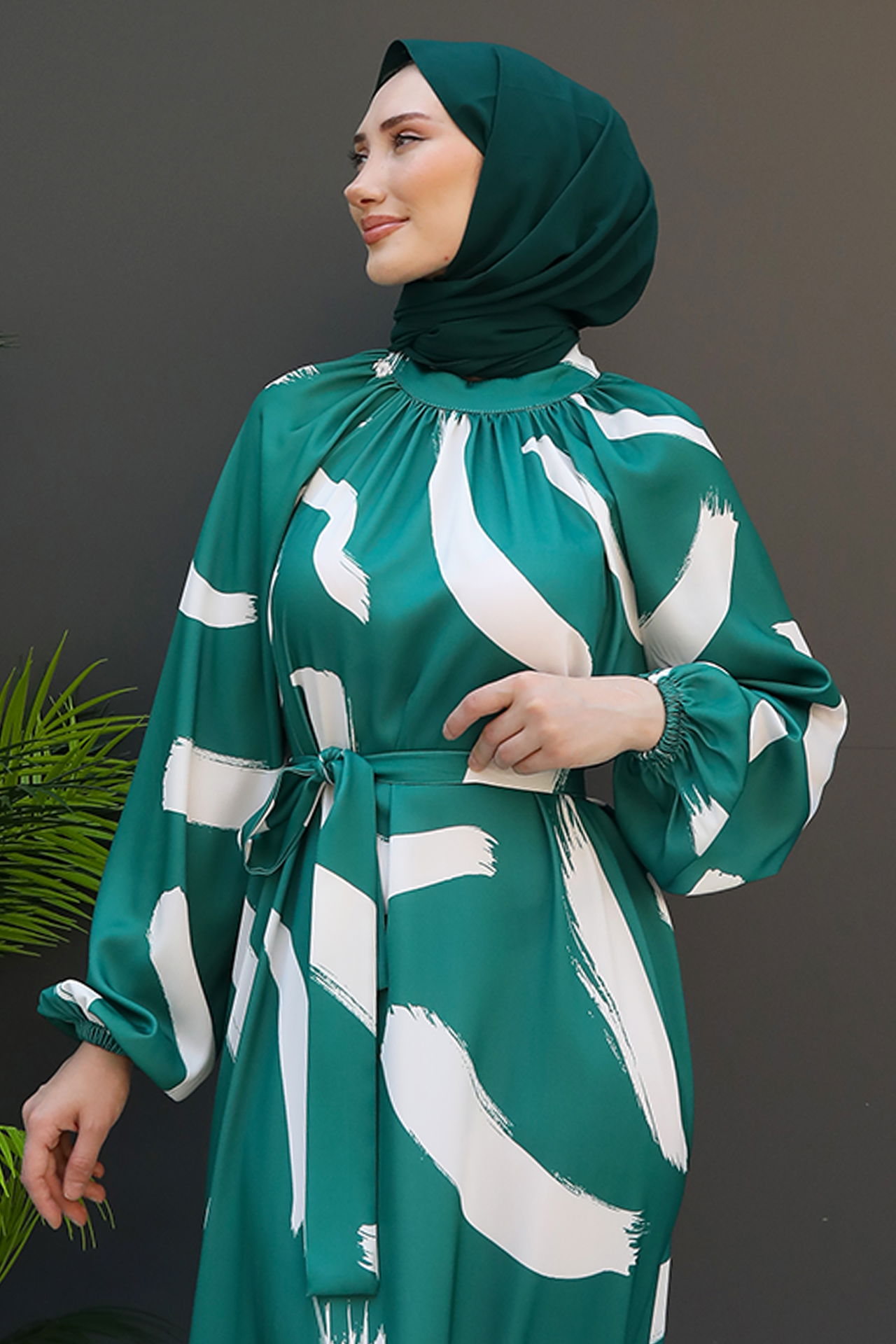 Fırça Desen Elbise Koyu Yeşil - 5