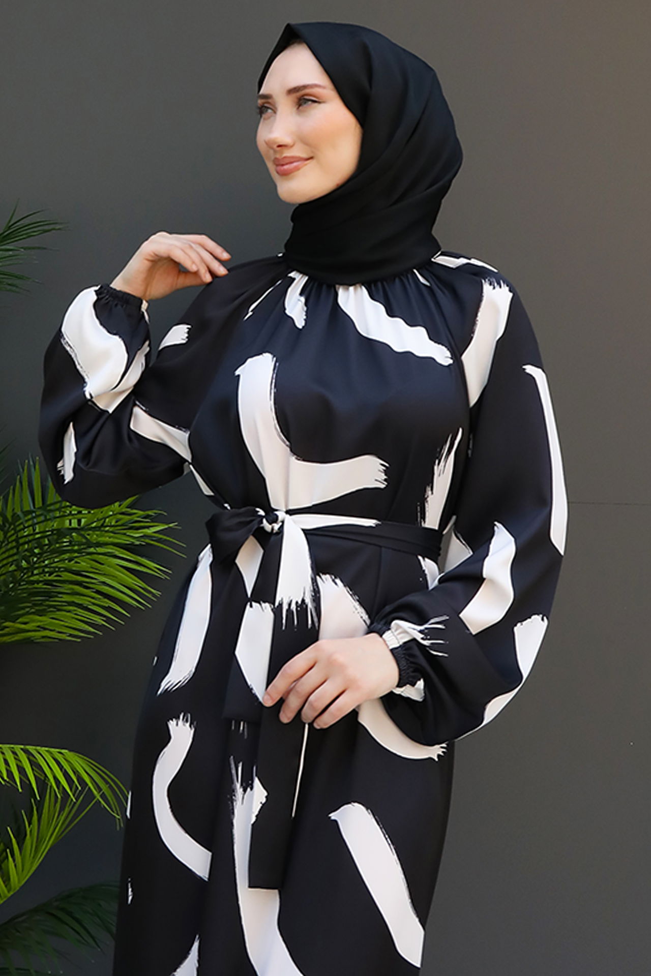 Fırça Desen Elbise Siyah - 5