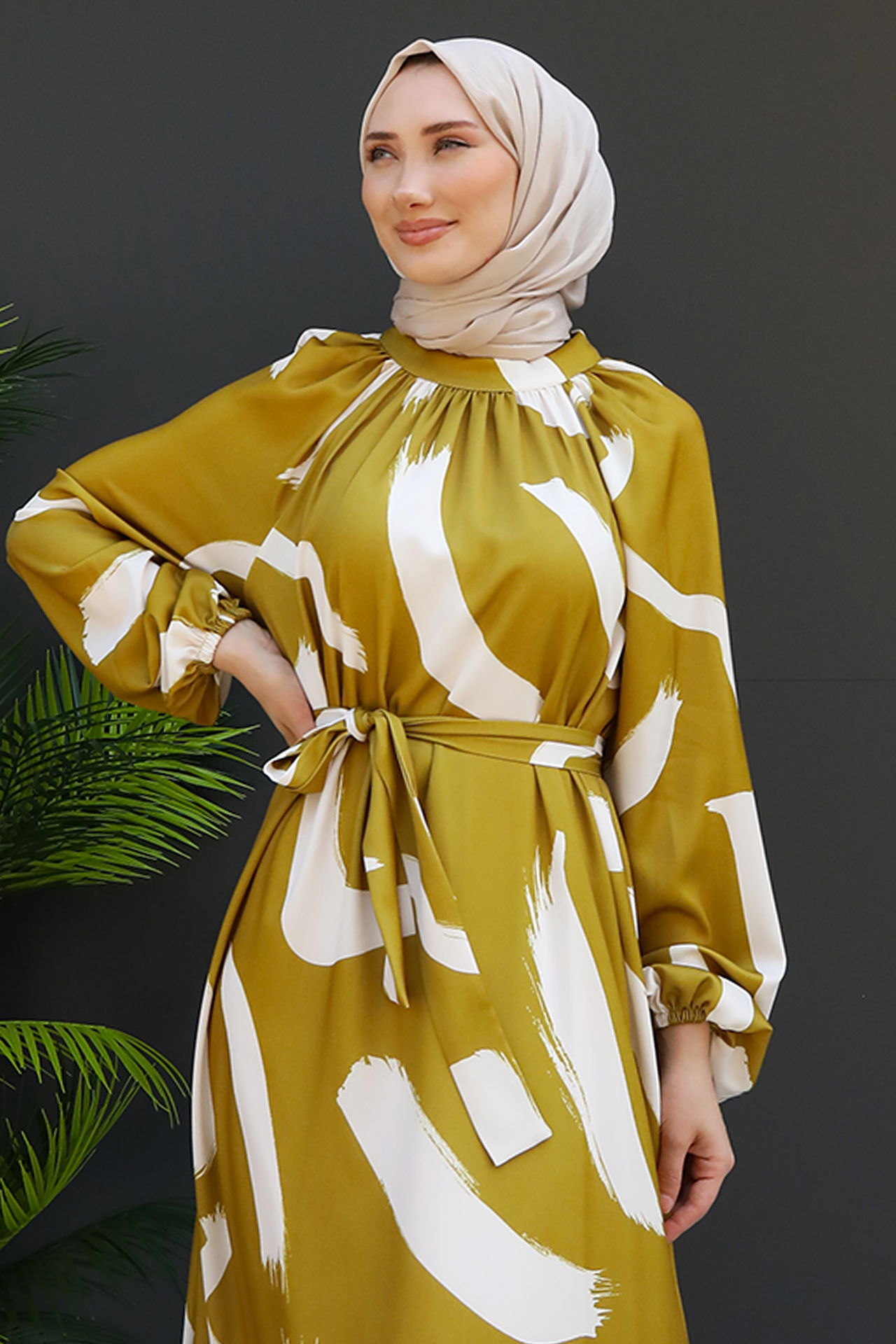 Fırça Desen Elbise Yağ Yeşil - 5