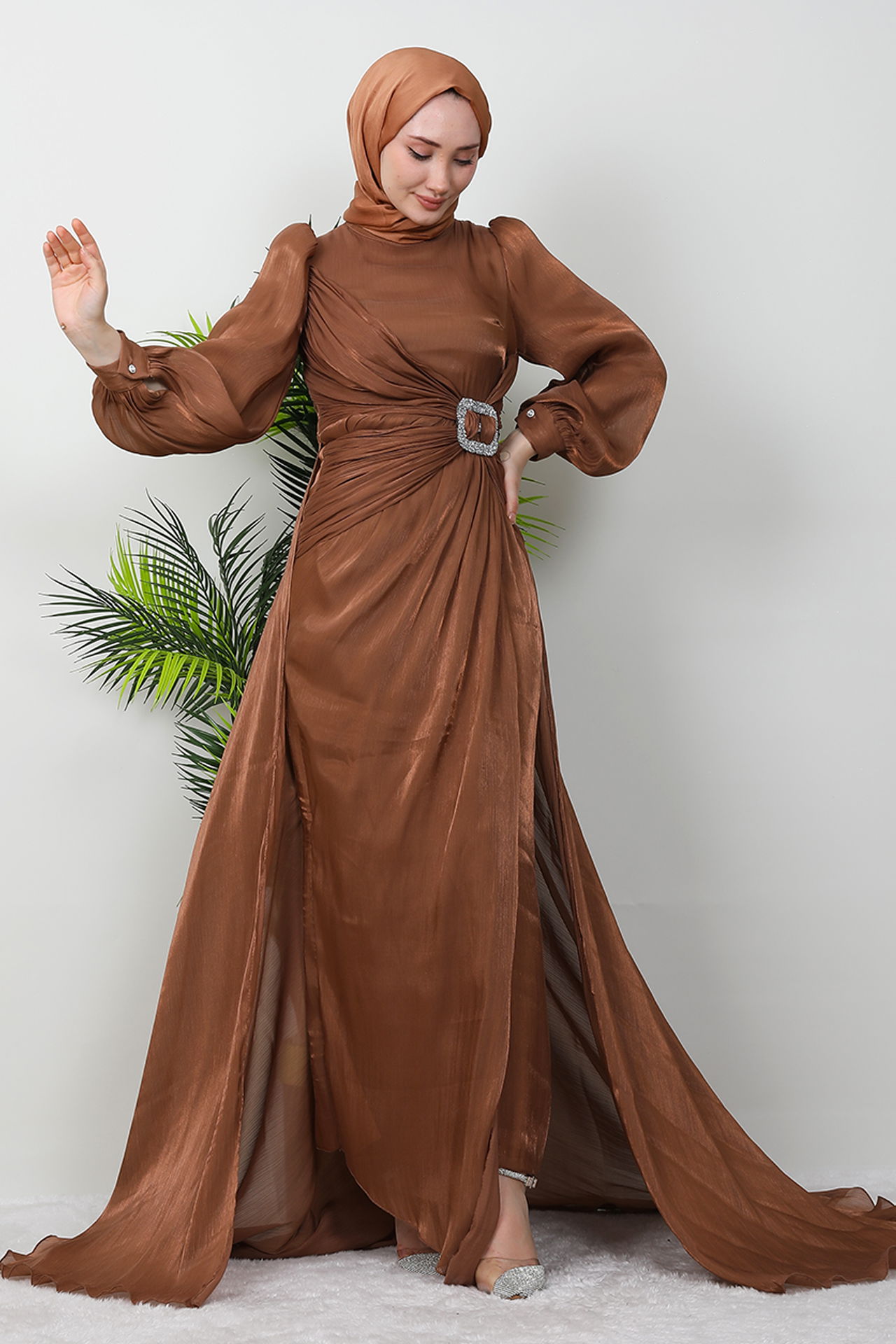 Aslı Tesettür Elbise Açık Kahve - 4