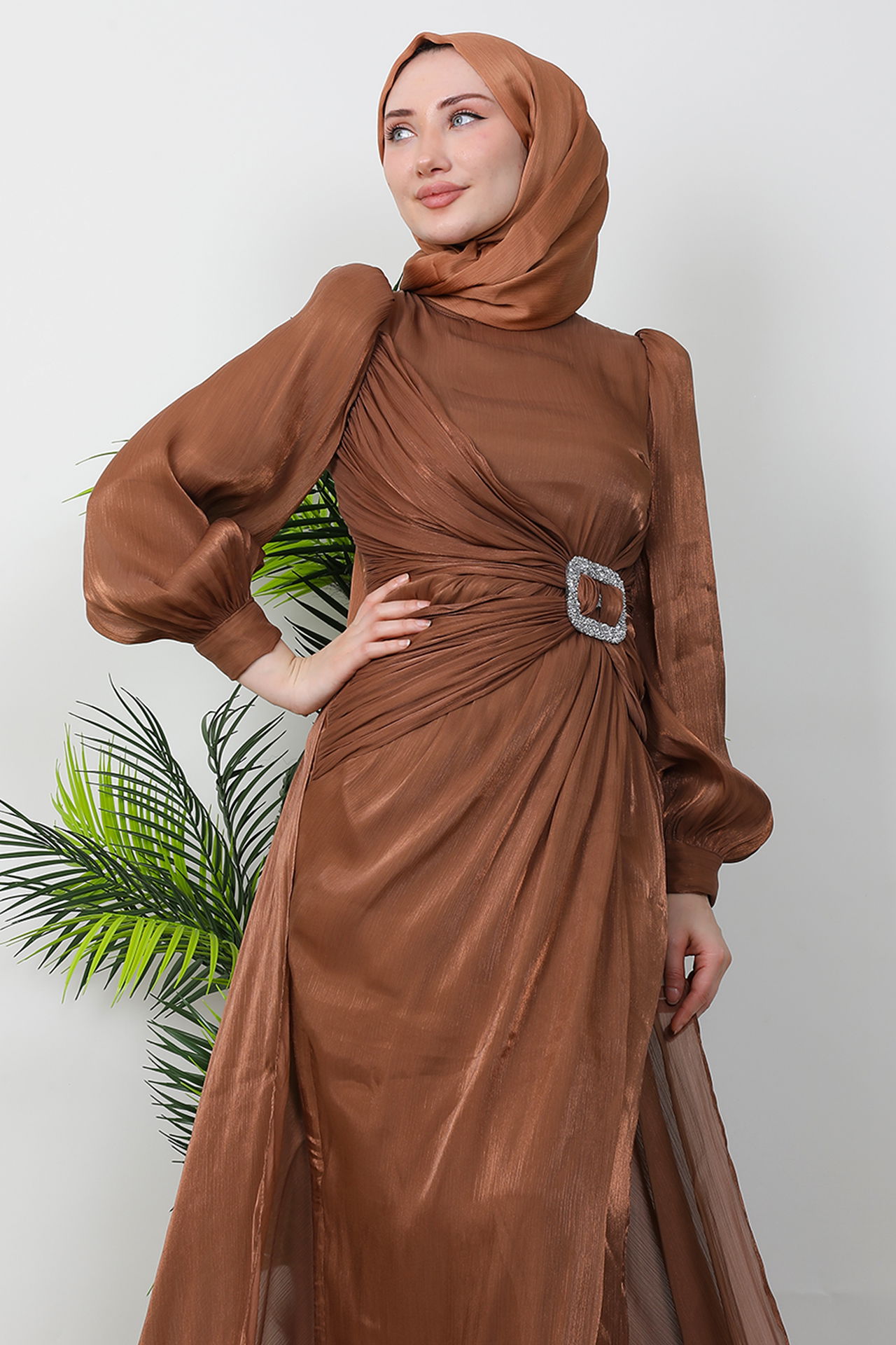 Aslı Tesettür Elbise Açık Kahve - 5