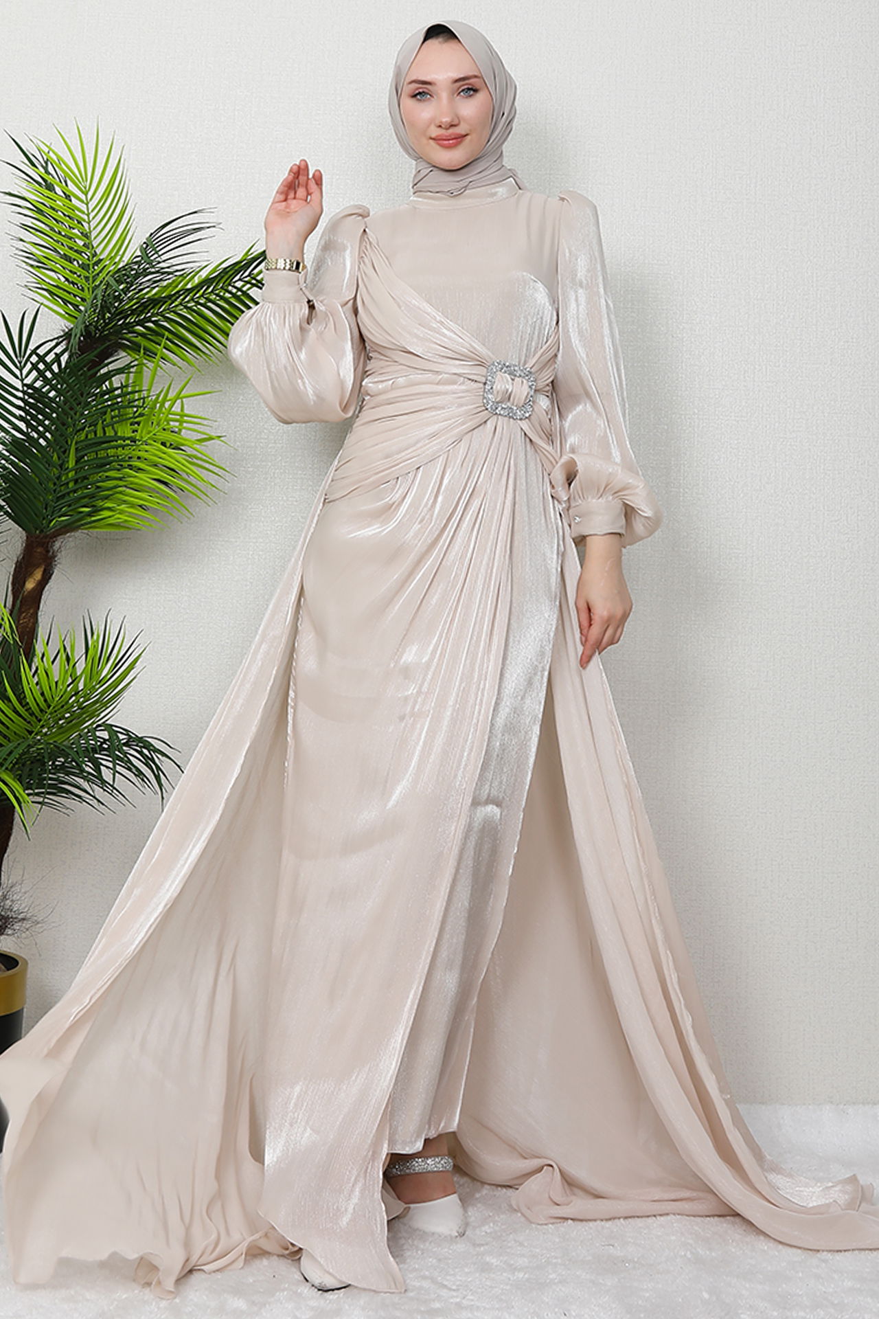 Aslı Tesettür Elbise Krem - 3