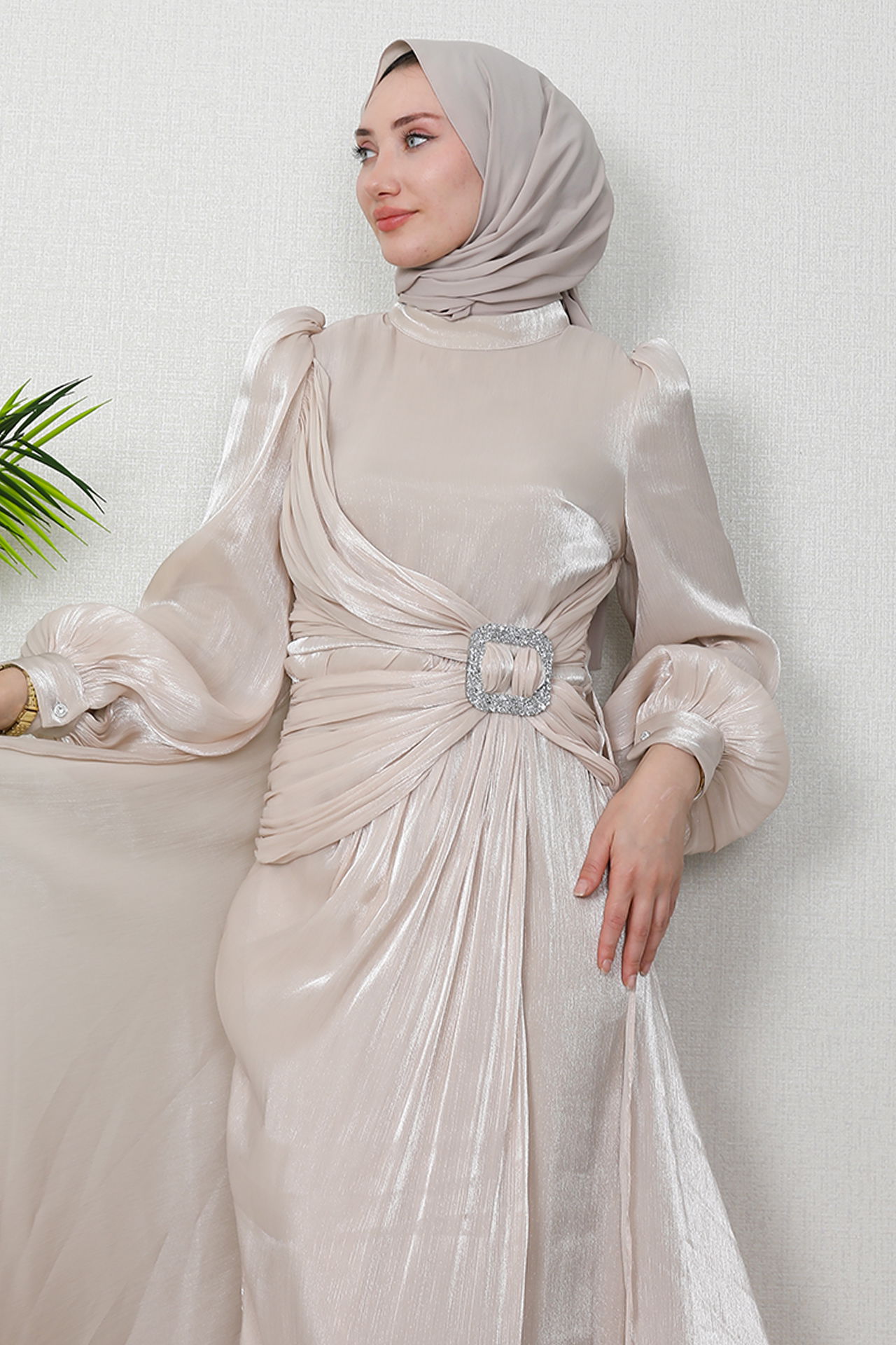 Aslı Tesettür Elbise Krem - 5