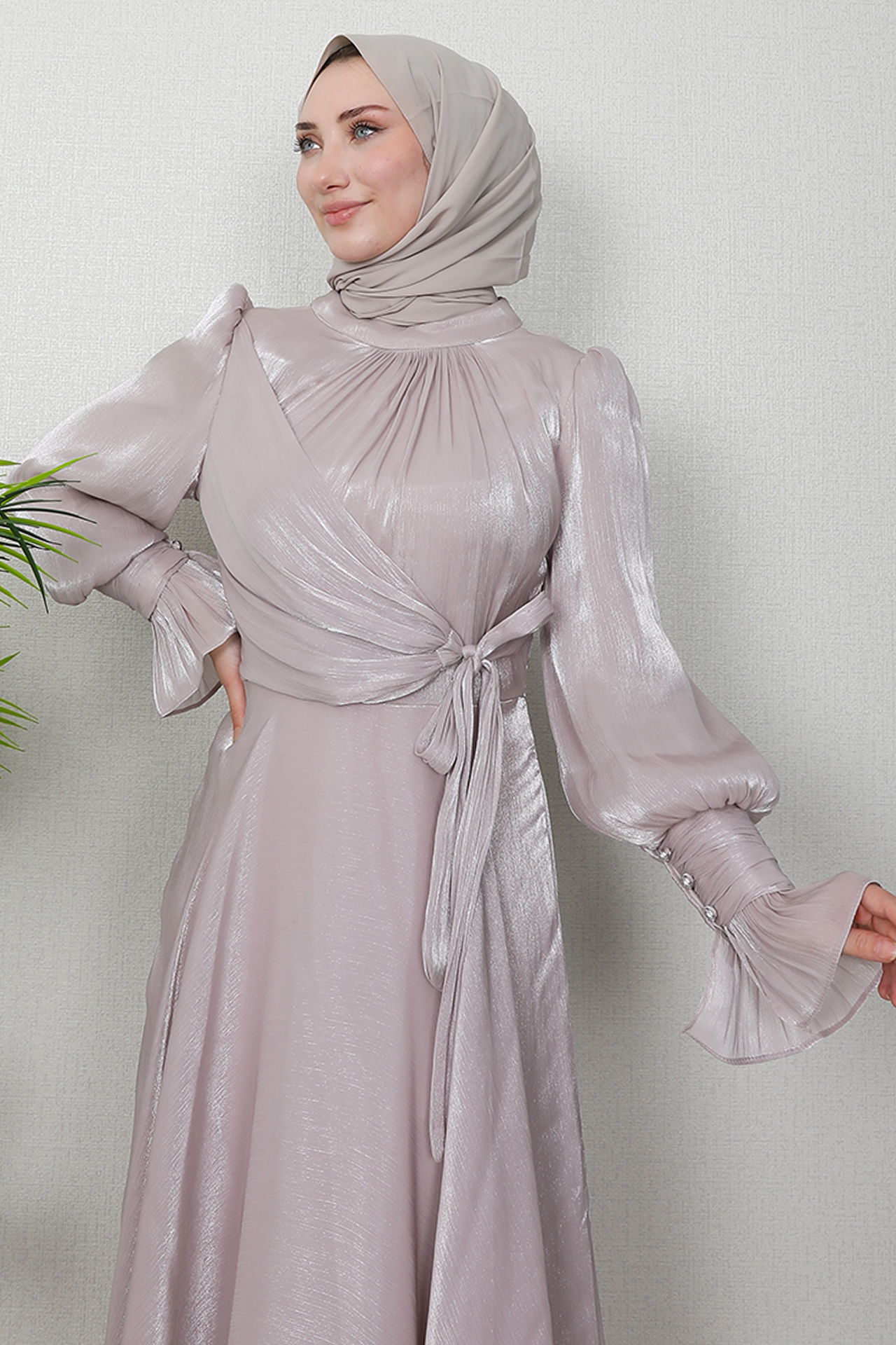 Fiyonk Detay İpek Abiye Pudra - 5