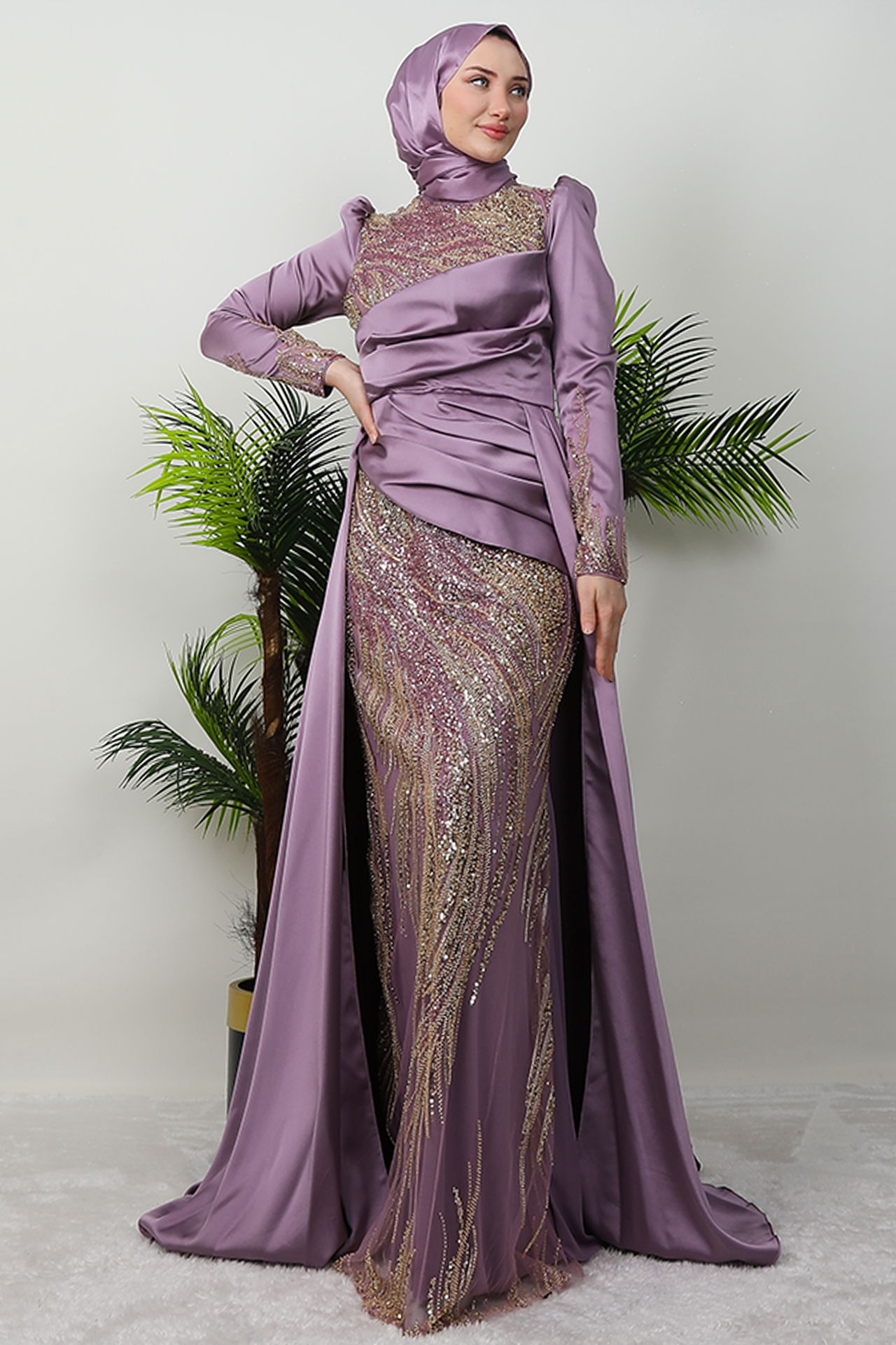 Drapeli Pelerinli Abiye Lila - GİYZAMİLA