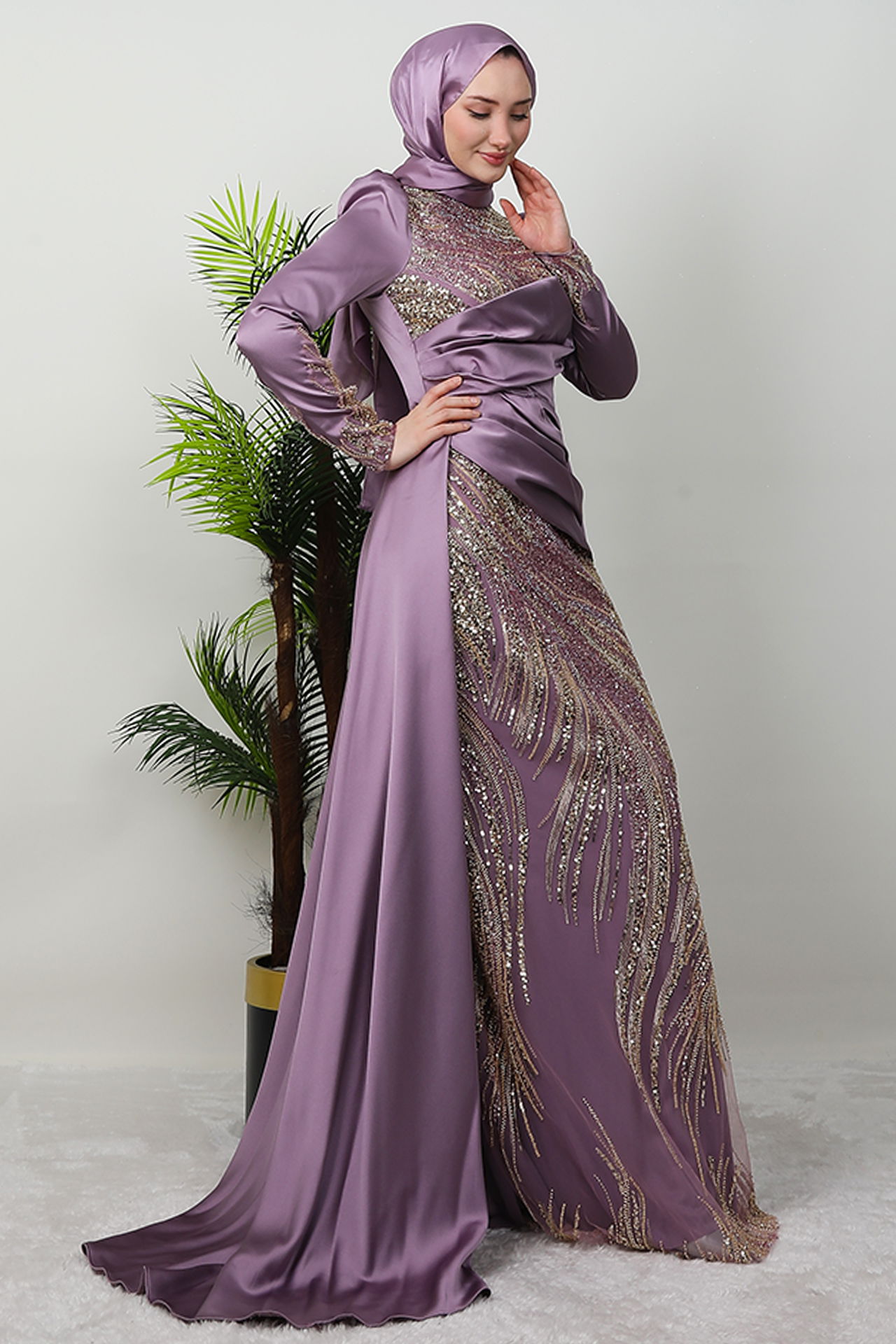 Drapeli Pelerinli Abiye Lila - 2