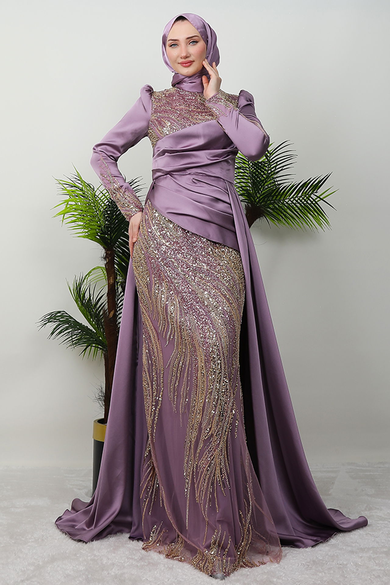 Drapeli Pelerinli Abiye Lila - 3