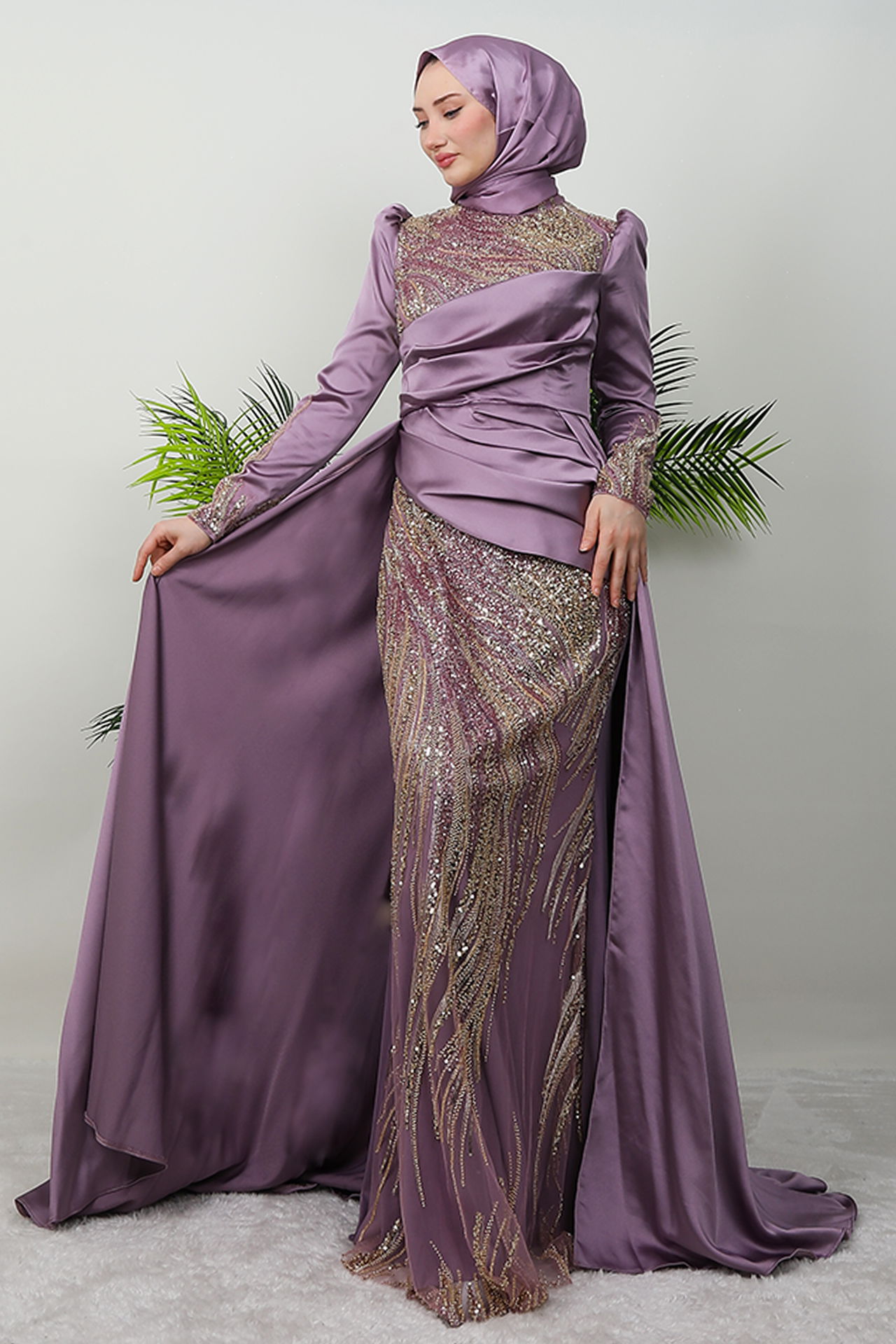 Drapeli Pelerinli Abiye Lila - 4