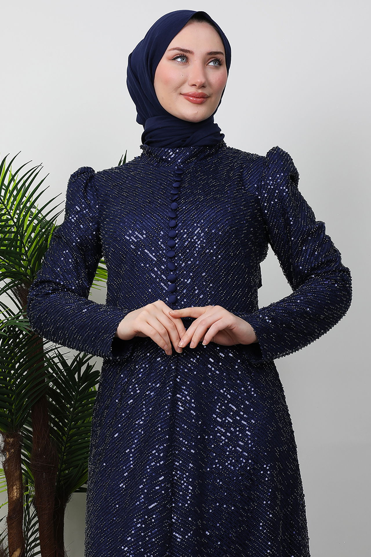 Göğsü Düğmeli Elbise Lacivert - 5