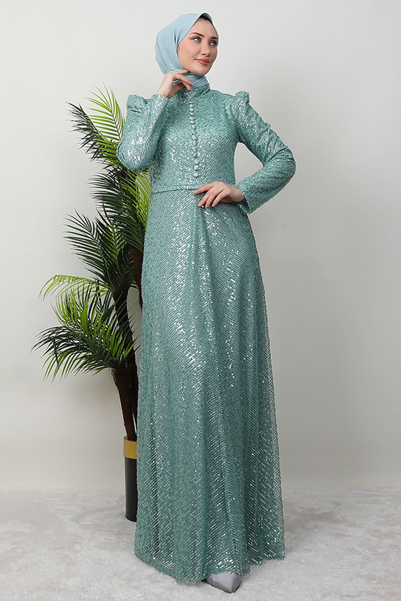 Göğsü Düğmeli Elbise Mint - 3