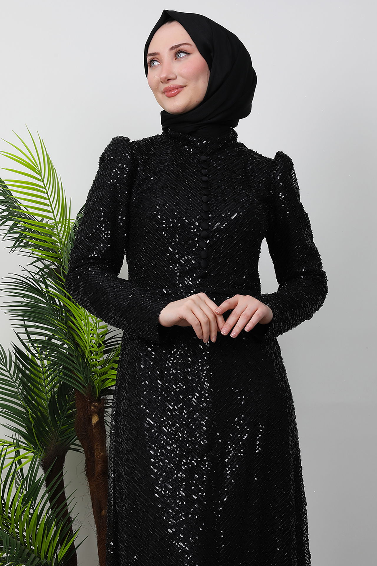 Göğsü Düğmeli Elbise Siyah - 5
