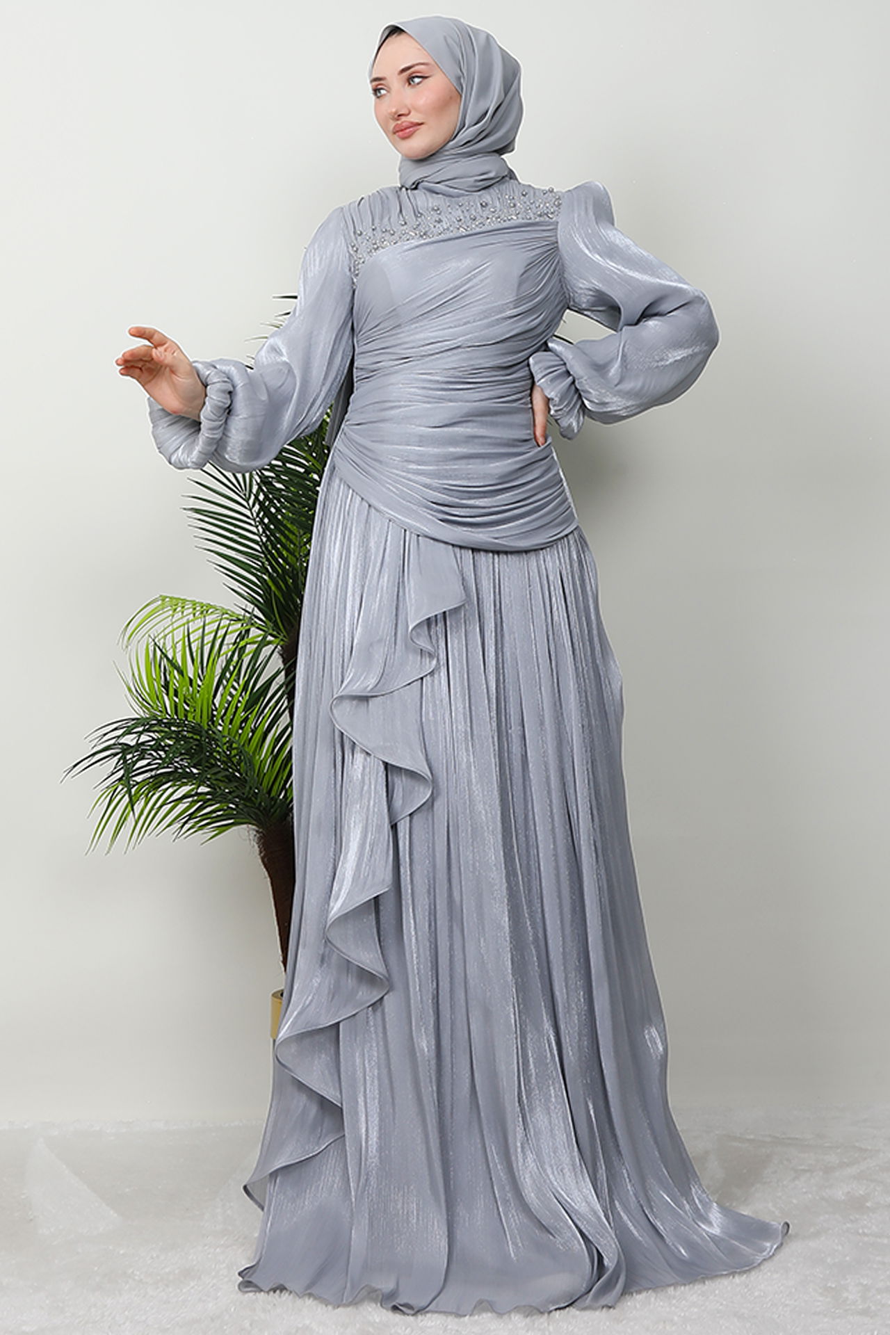 Tülin Tesettür Abiye Gri 