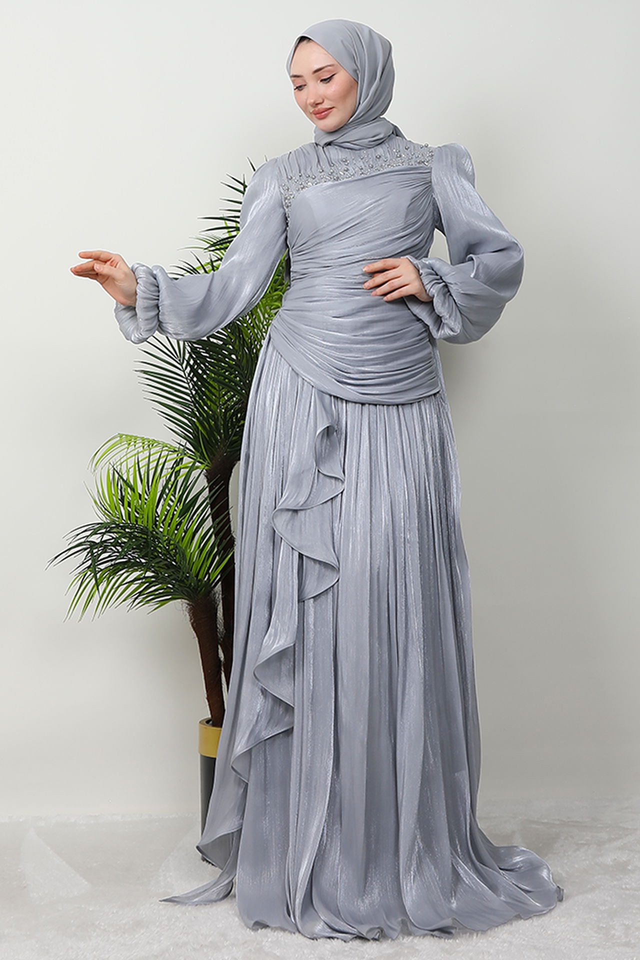 Tülin Tesettür Abiye Gri - 2