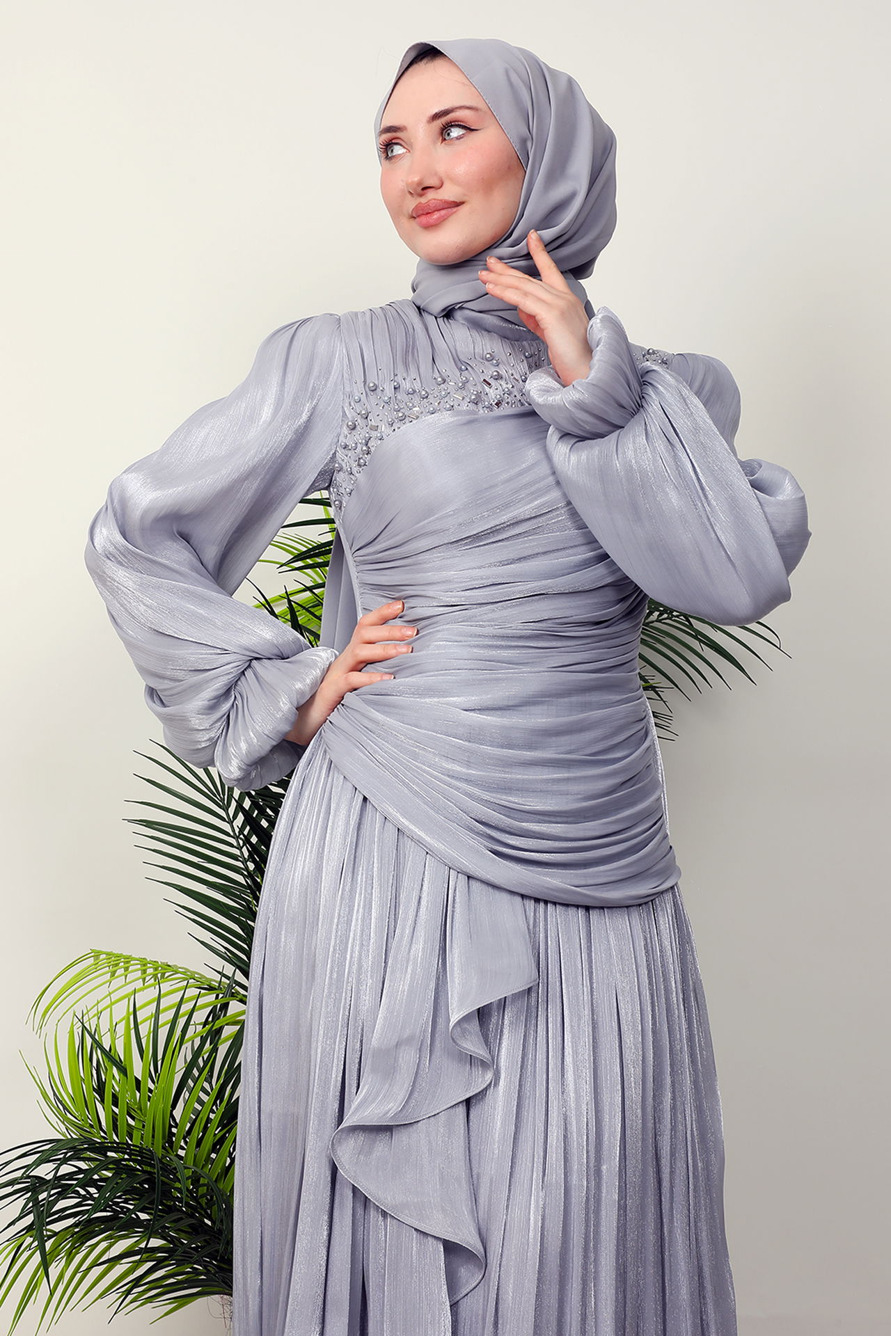 Tülin Tesettür Abiye Gri - 5