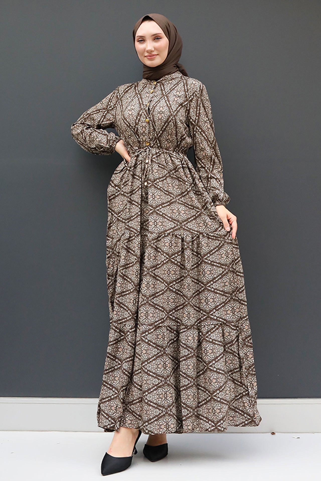 Bağcıklı Desenli Viskon Elbise Kahve - 3