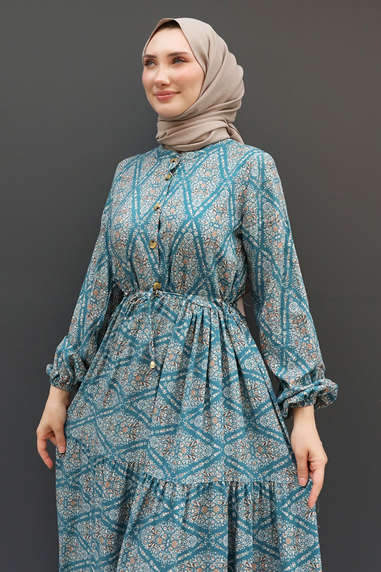 Bağcıklı Desenli Viskon Elbise Koyu Mint - 5