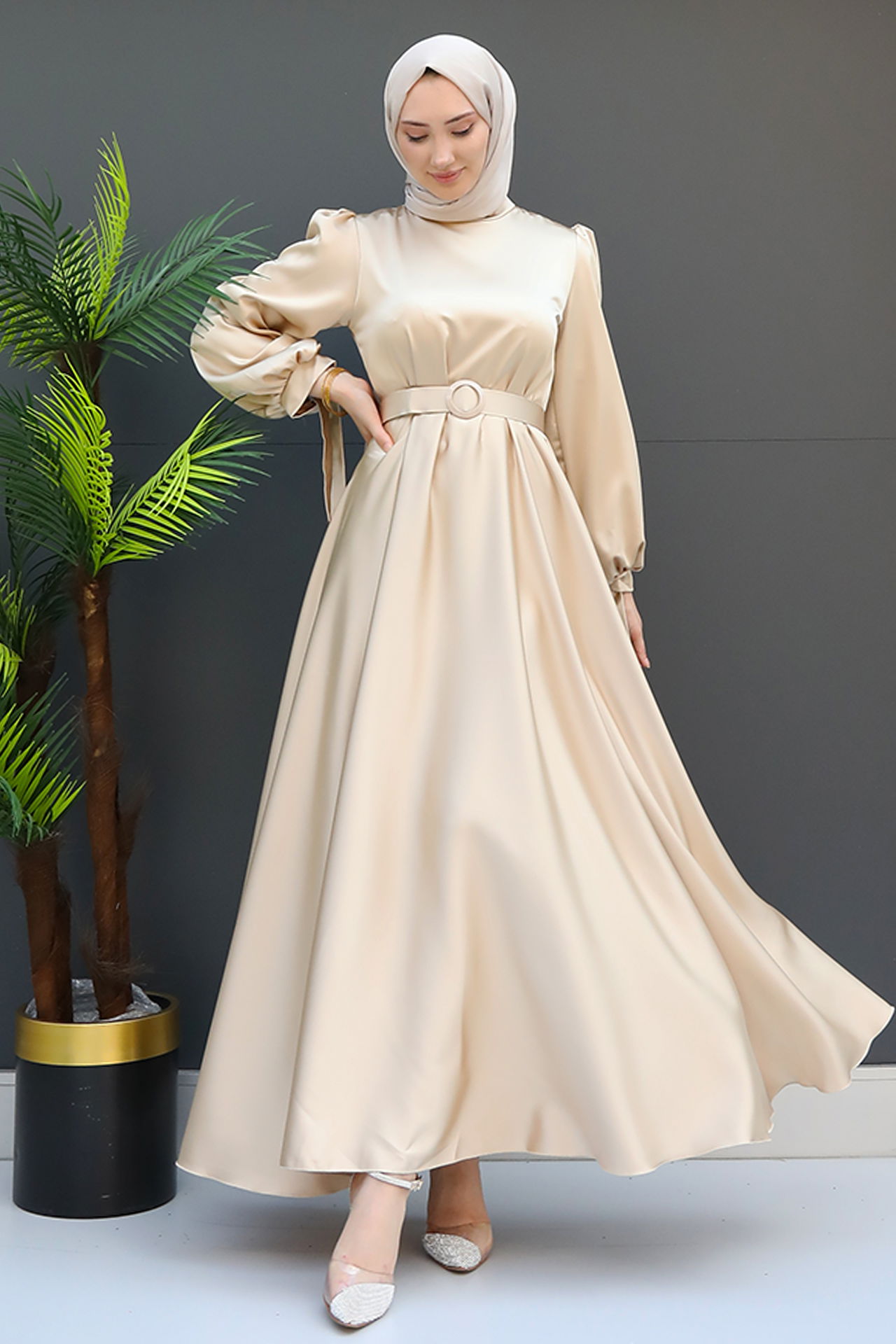 Saten Kemerli Elbise Gold - 2