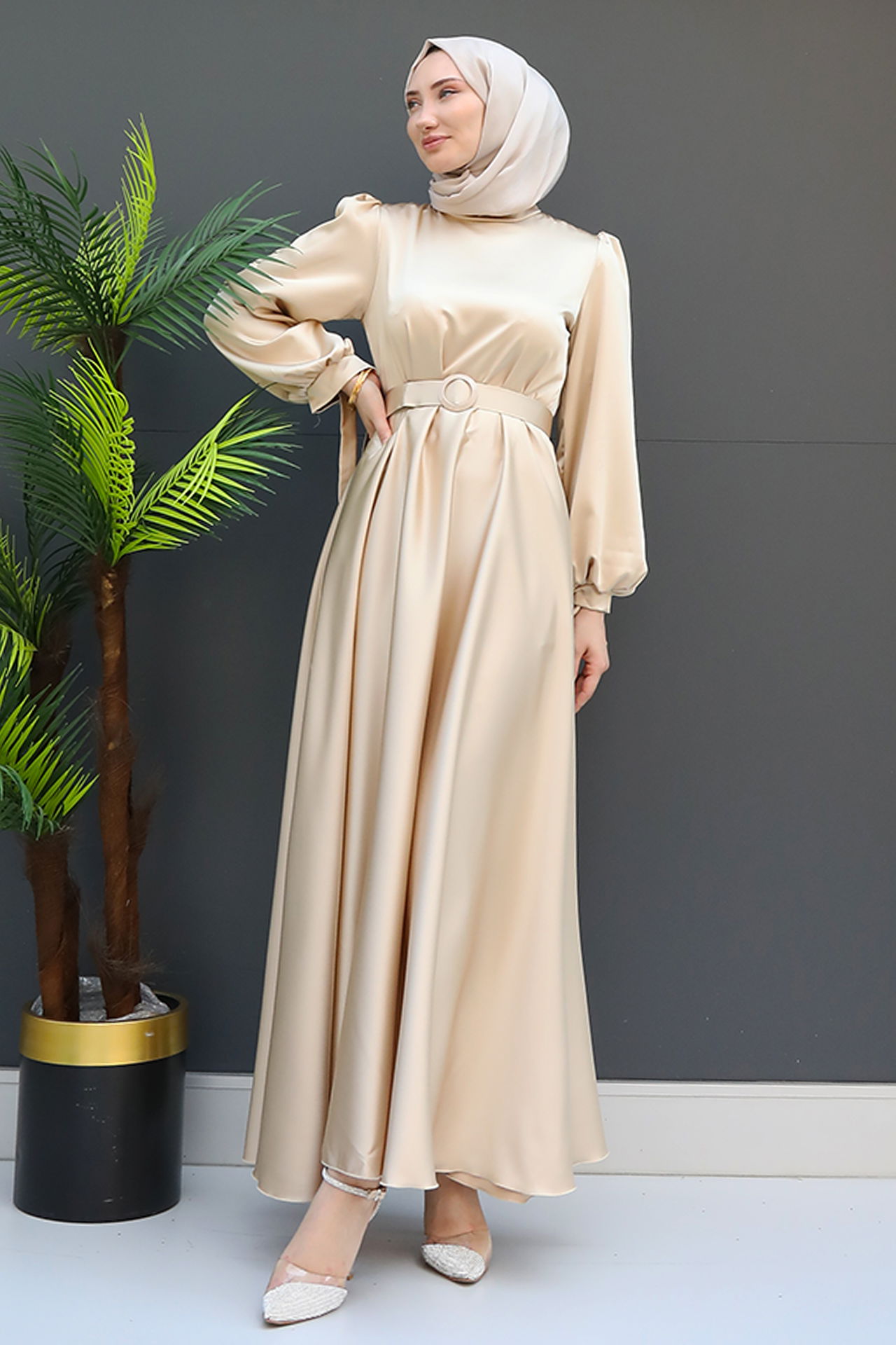 Saten Kemerli Elbise Gold - 3