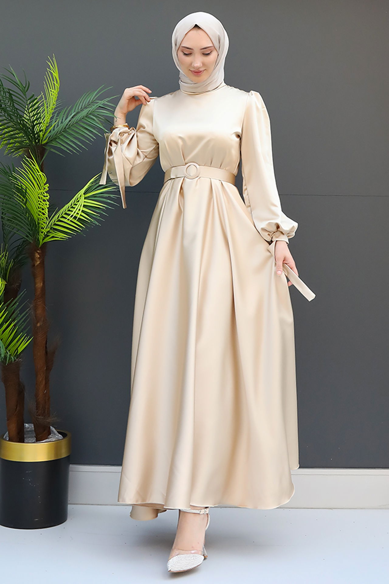 Saten Kemerli Elbise Gold - 4